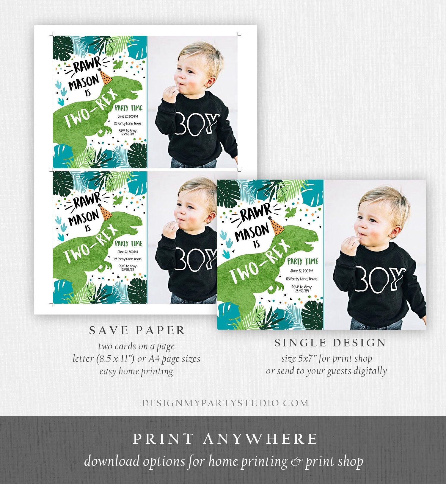 Editable Two-Rex Dinosaur Birthday Invitation Dino T-Rex Second Birthday 2nd RAWR Boy Green Blue Prehistoric Printable Corjl Template 0389