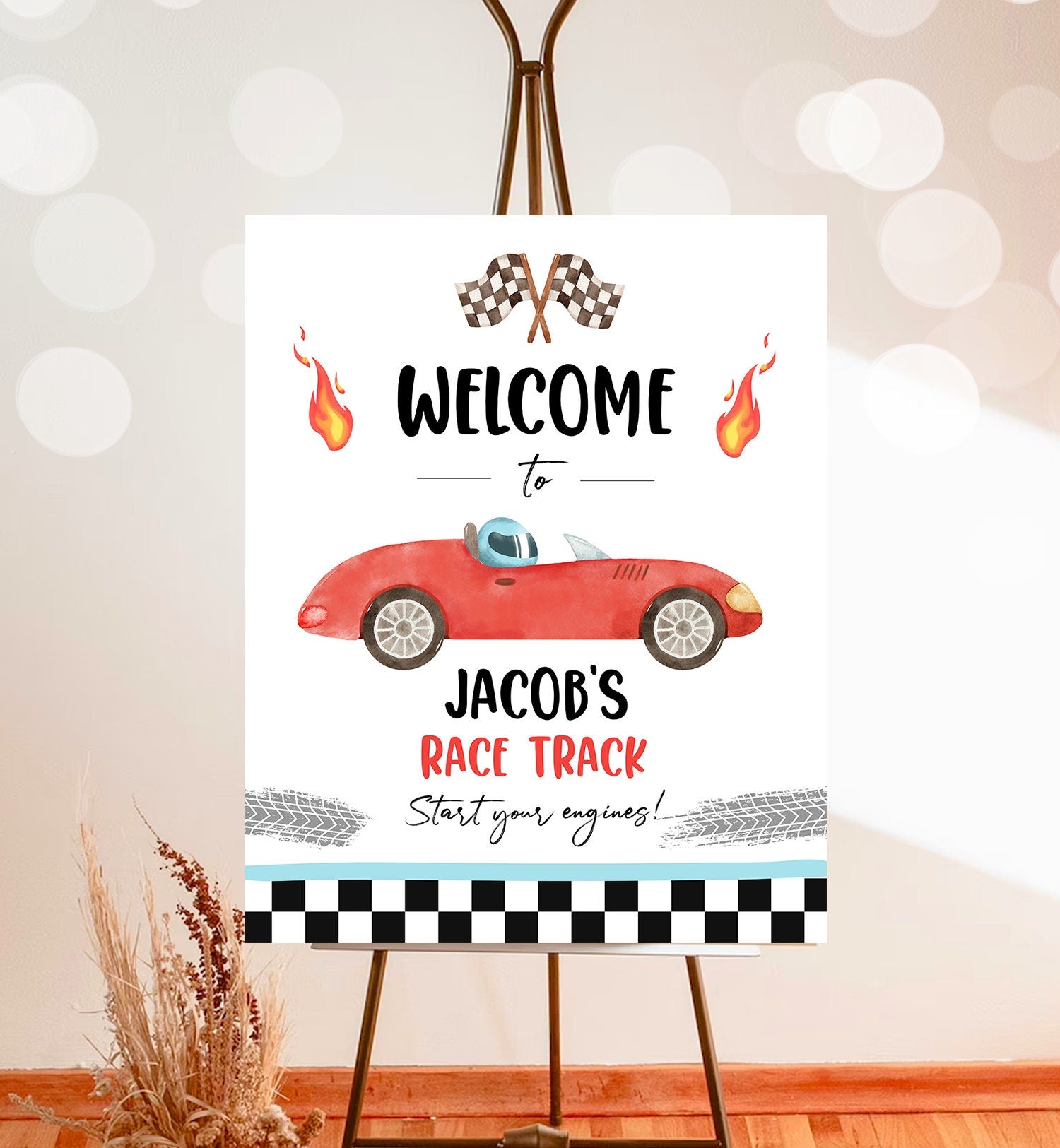 Editable Racing Birthday Welcome Sign Race Car Birthday Sign Growing Up Two Fast 2nd Birthday Red Boy Decor Template Corjl PRINTABLE 0424