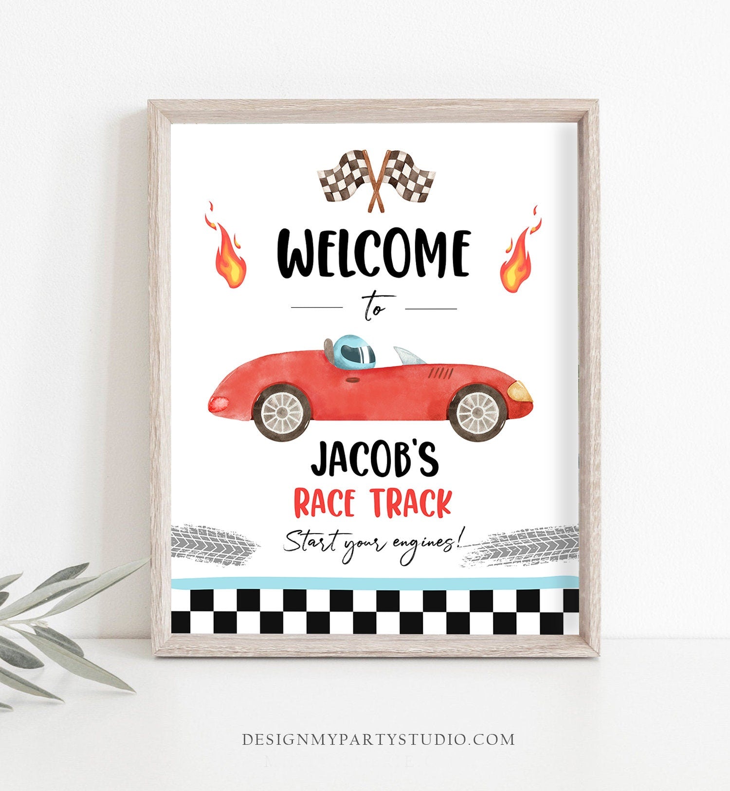 Editable Racing Birthday Welcome Sign Race Car Birthday Sign Growing Up Two Fast 2nd Birthday Red Boy Decor Template Corjl PRINTABLE 0424