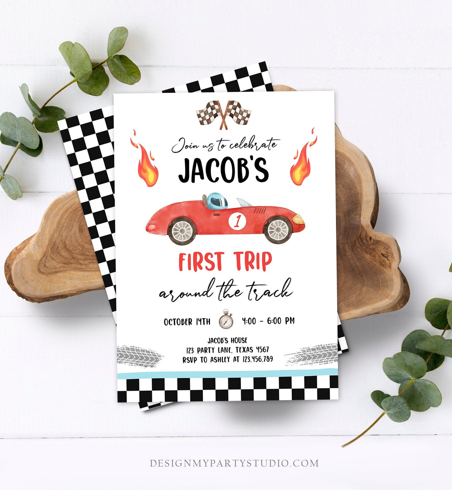 Editable Race Car 1st Birthday Invitation First Trip Around the Track First Birthday Racing Download Printable Template Digital Corjl 0424