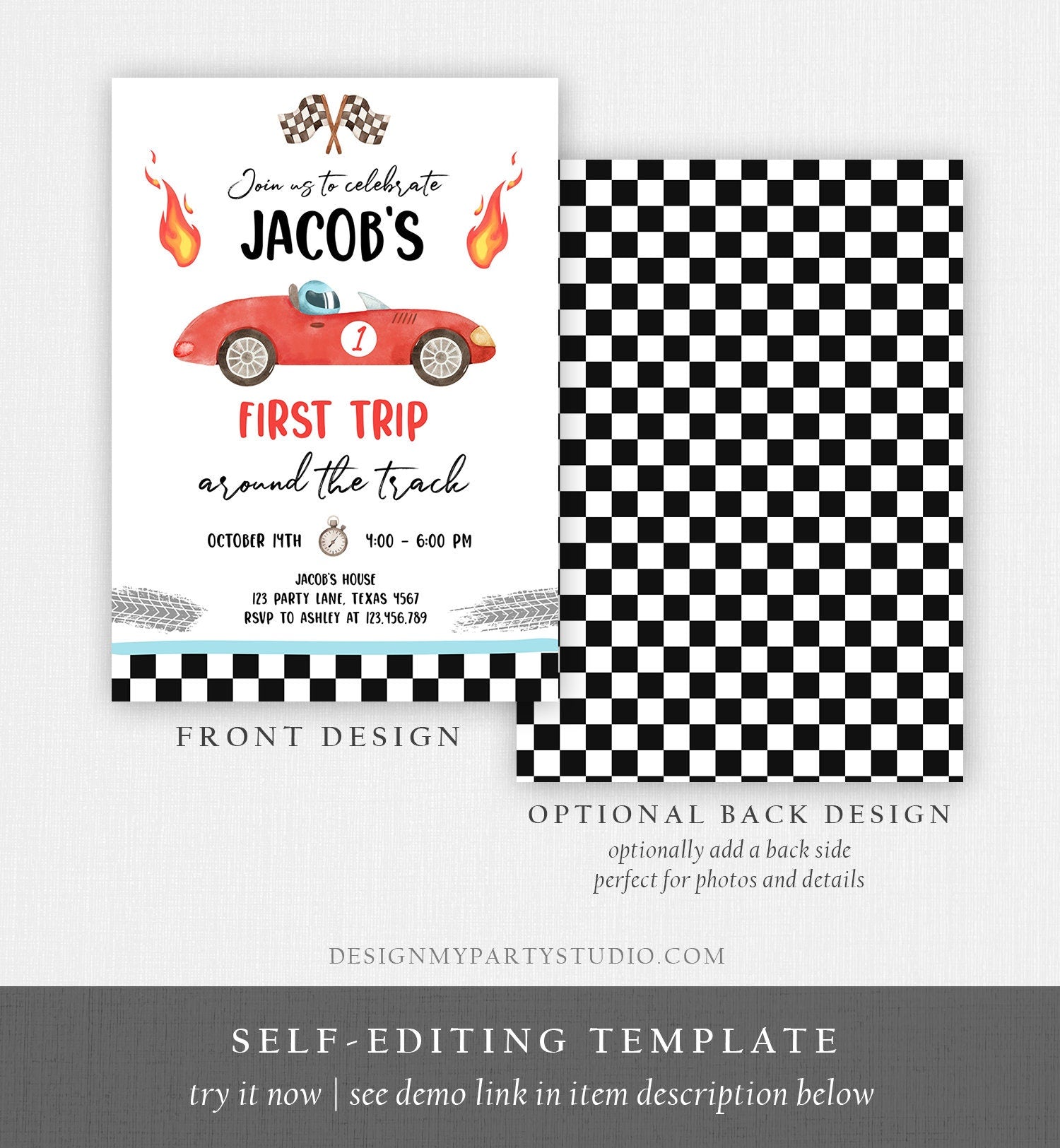 Editable Race Car 1st Birthday Invitation First Trip Around the Track First Birthday Racing Download Printable Template Digital Corjl 0424