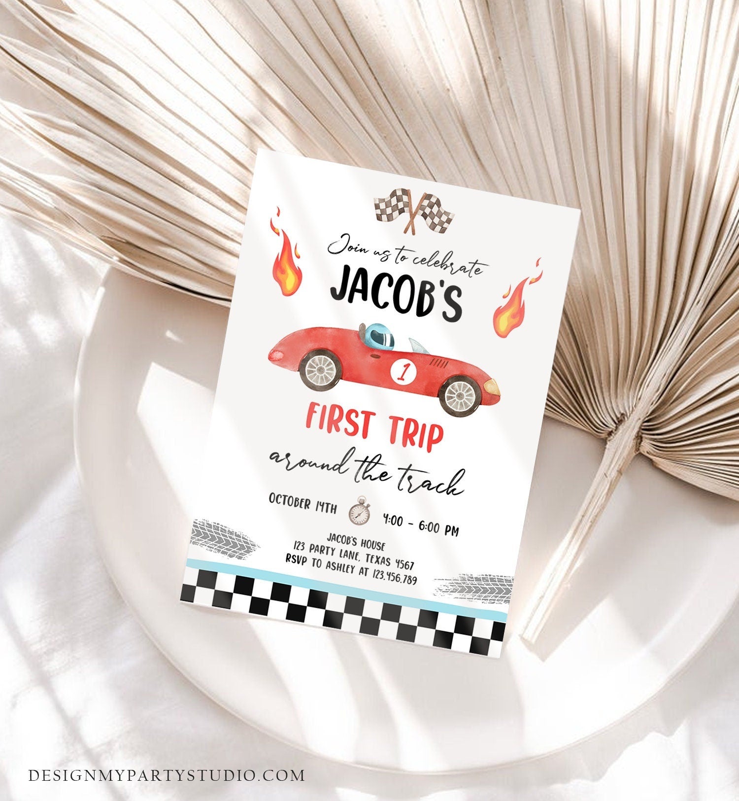 Editable Race Car 1st Birthday Invitation First Trip Around the Track First Birthday Racing Download Printable Template Digital Corjl 0424