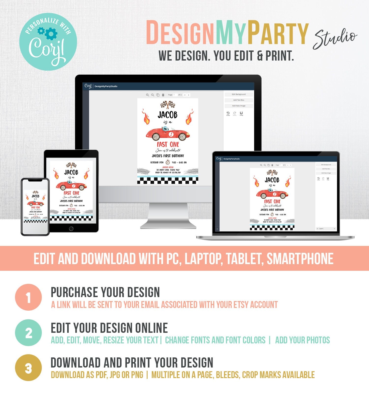 Editable Race Car 1st Birthday Invitation Fast One Invite First Birthday Racing Party Boy Download Printable Template Digital Corjl 0424