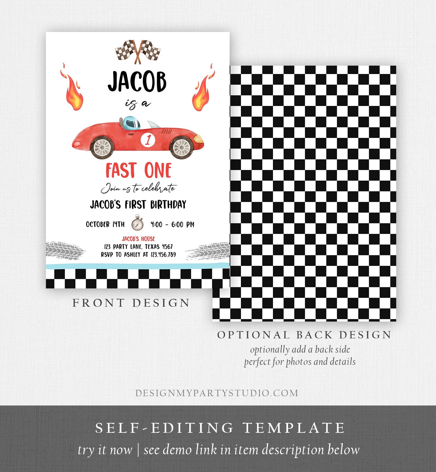 Editable Race Car 1st Birthday Invitation Fast One Invite First Birthday Racing Party Boy Download Printable Template Digital Corjl 0424