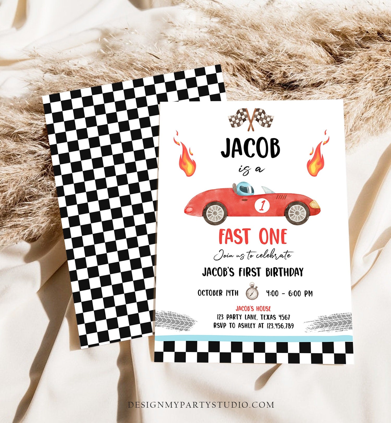 Editable Race Car 1st Birthday Invitation Fast One Invite First Birthday Racing Party Boy Download Printable Template Digital Corjl 0424