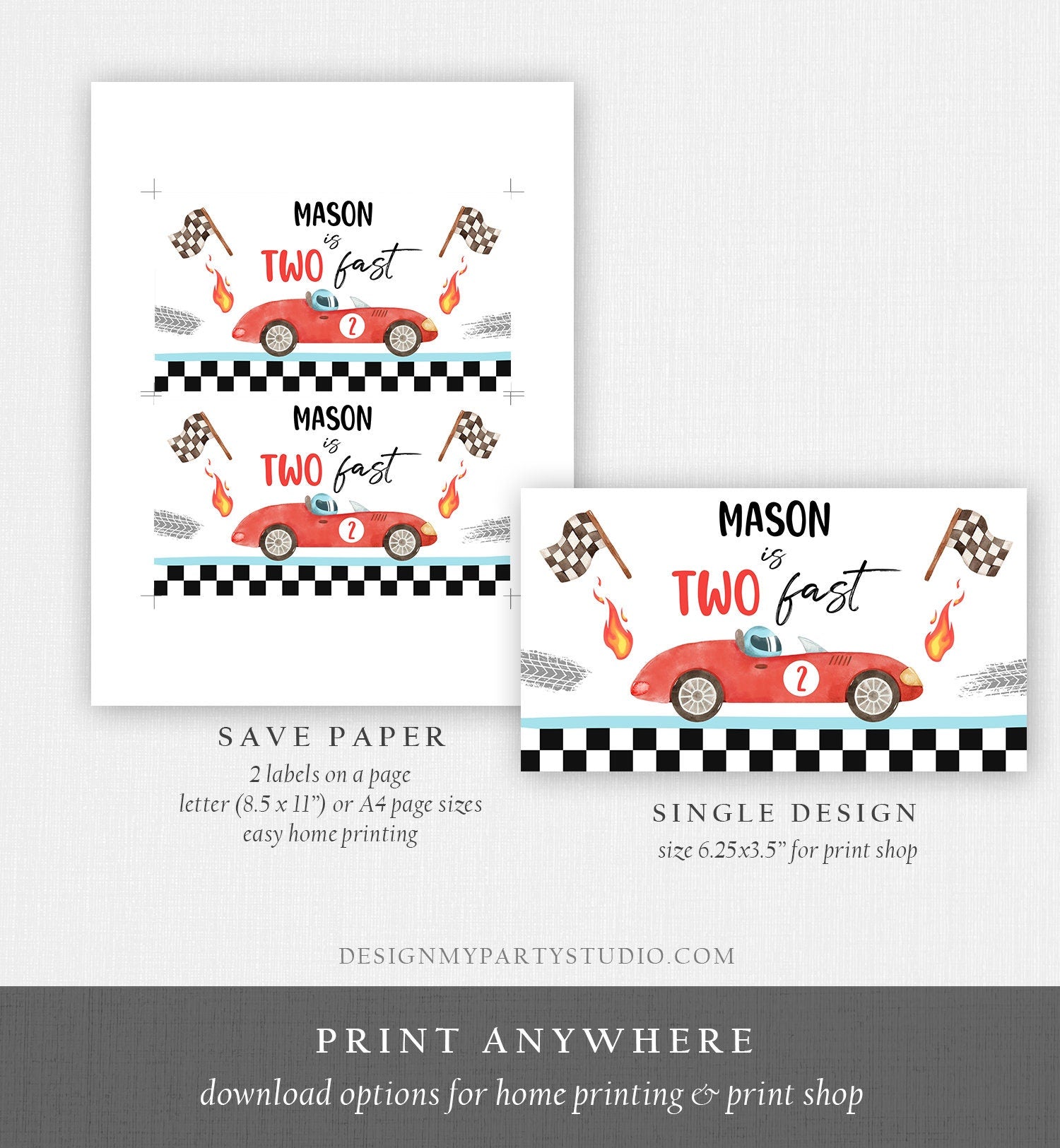 Editable Two Fast Gable Box Favor Label Race Car Birthday Favor Box Label Boy Racing Growing Two Fast Digital Download Printable Corjl 0424