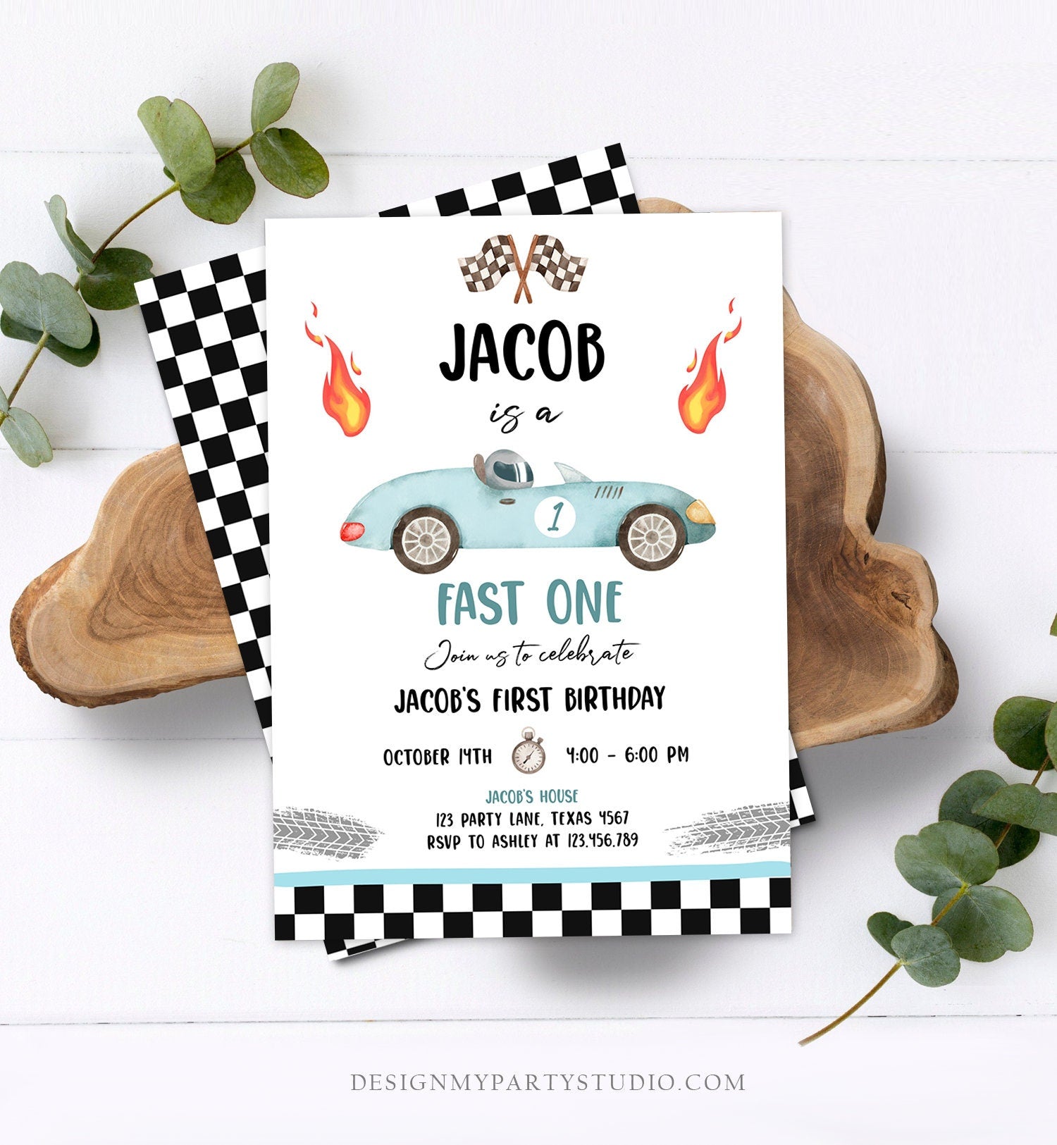 Editable Race Car 1st Birthday Invitation Fast One Invite First Birthday Racing Party Boy Download Printable Template Digital Corjl 0424