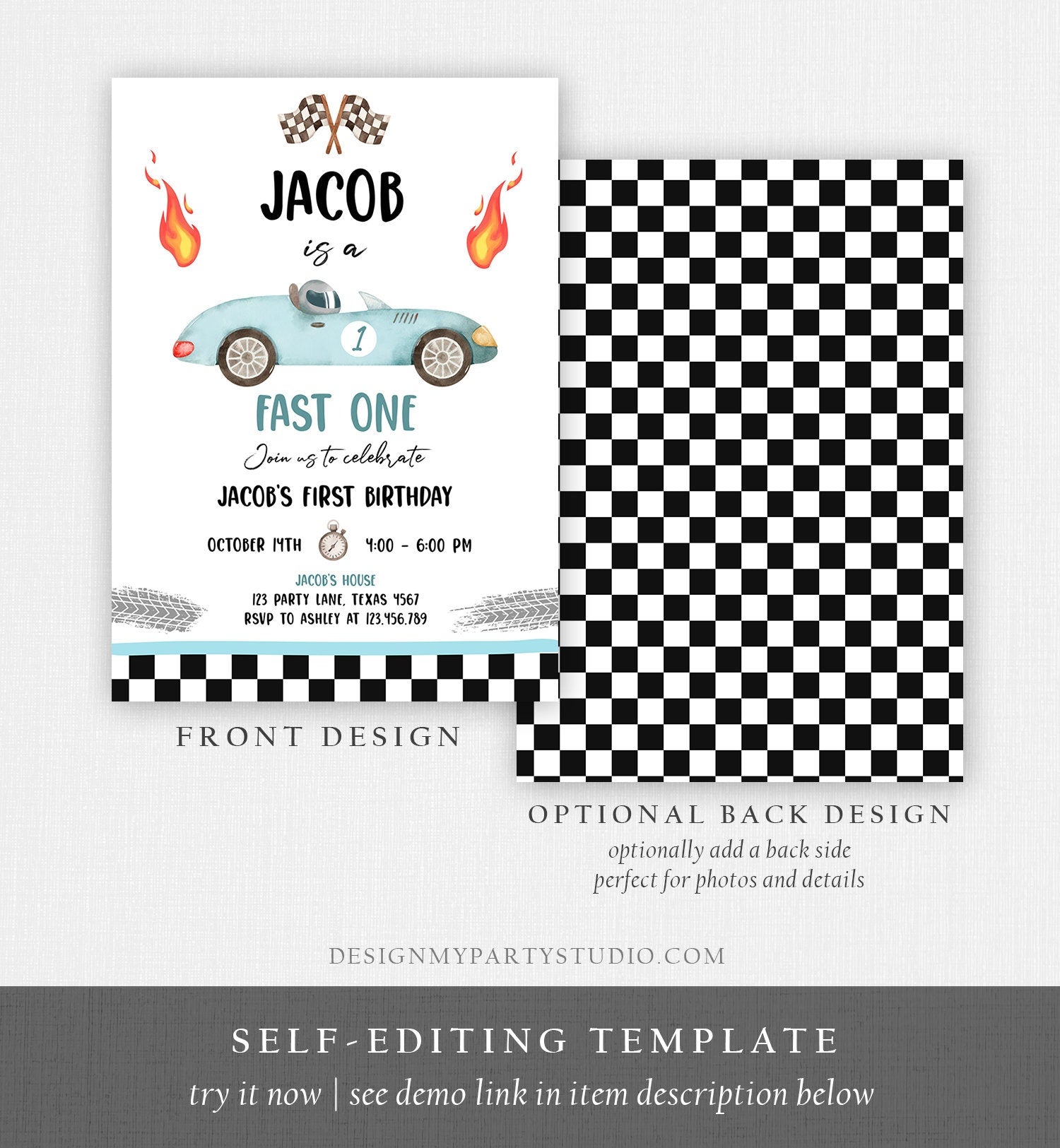 Editable Race Car 1st Birthday Invitation Fast One Invite First Birthday Racing Party Boy Download Printable Template Digital Corjl 0424