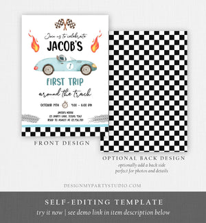 Editable Race Car 1st Birthday Invitation First Trip Around the Track First Birthday Racing Download Printable Template Digital Corjl 0424