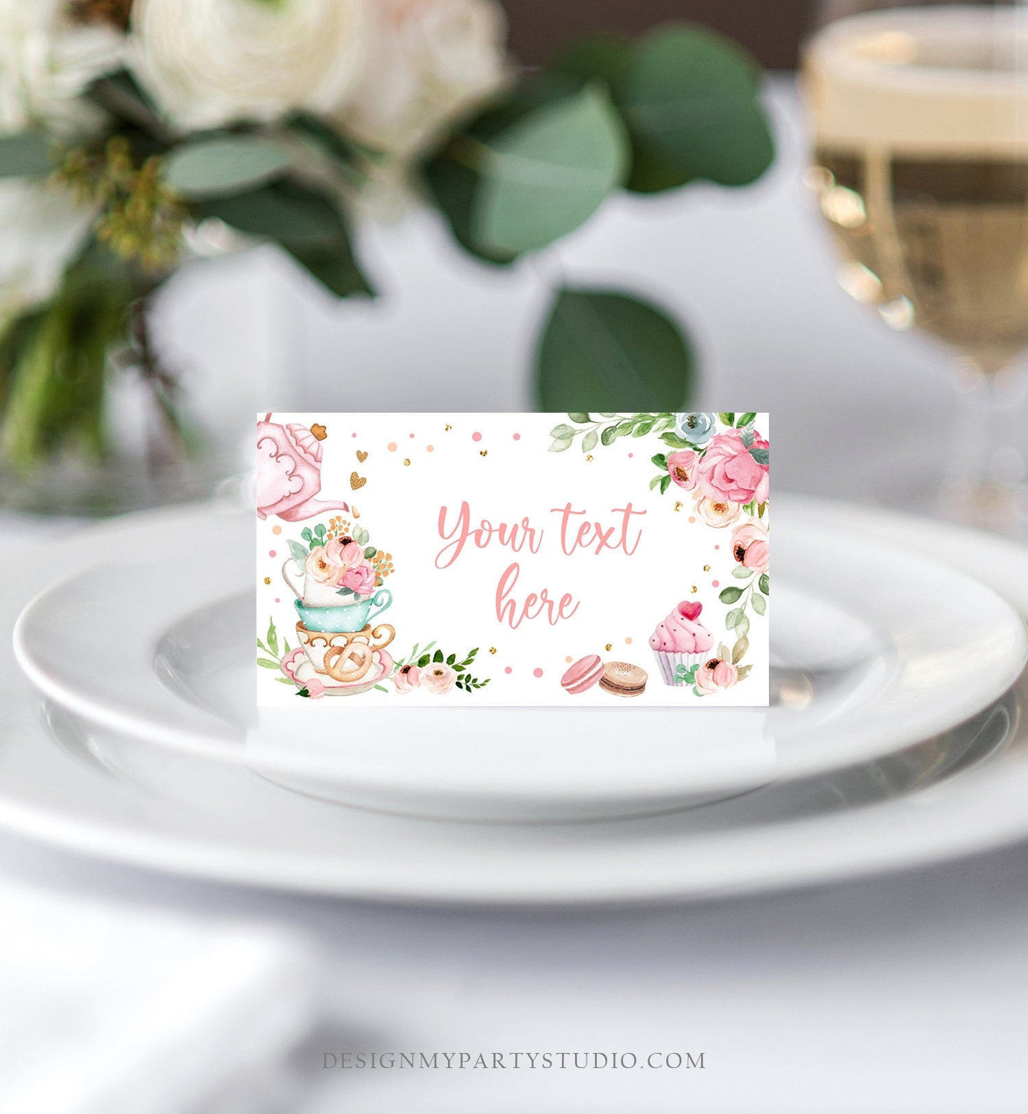 Editable Tea Party Food Label Tea Place Card Tent Card Escort Card Par-Tea Tea for Two Decor Girl Floral Pink Printable Corjl Template 0349