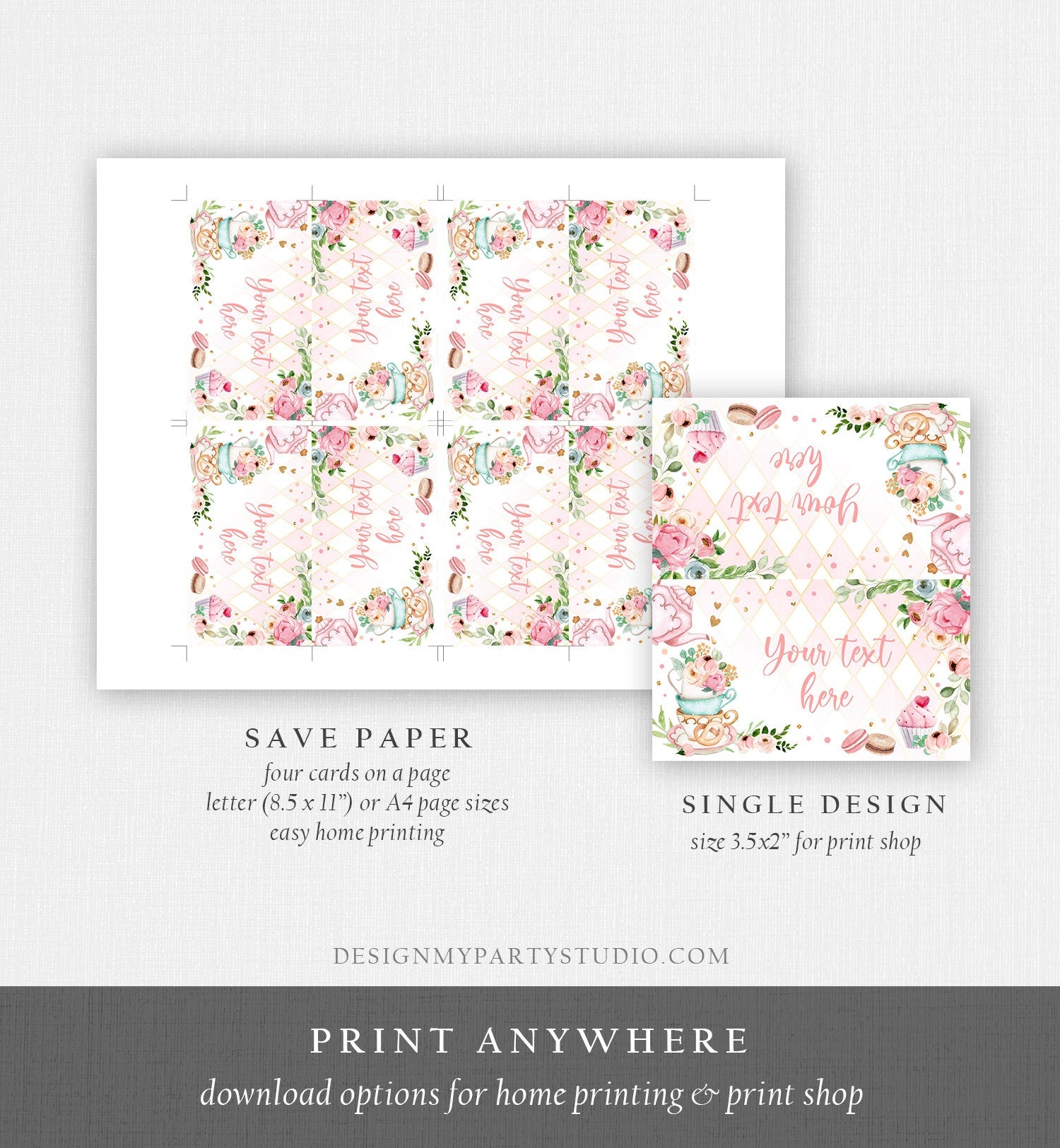 Editable Tea Party Food Label Tea Place Card Tent Card Escort Card Par-Tea Tea for Two Decor Girl Floral Pink Template Printable 0349