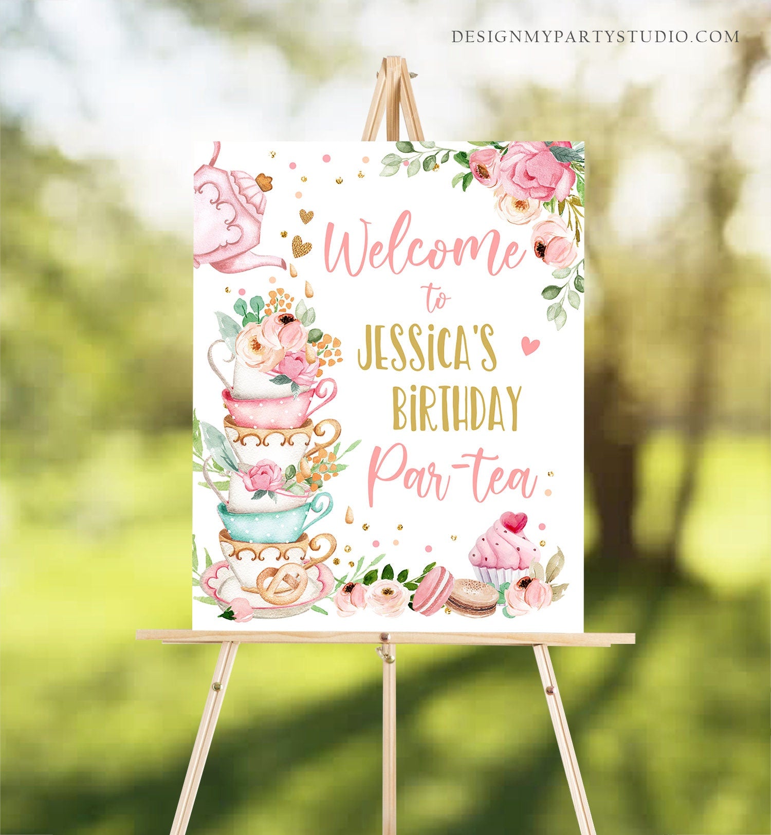 Editable Birthday Tea Party Welcome Sign Birthday Par-tea Floral Pink Gold Whimsical Girl Shower Garden Party Template PRINTABLE Corjl 0349