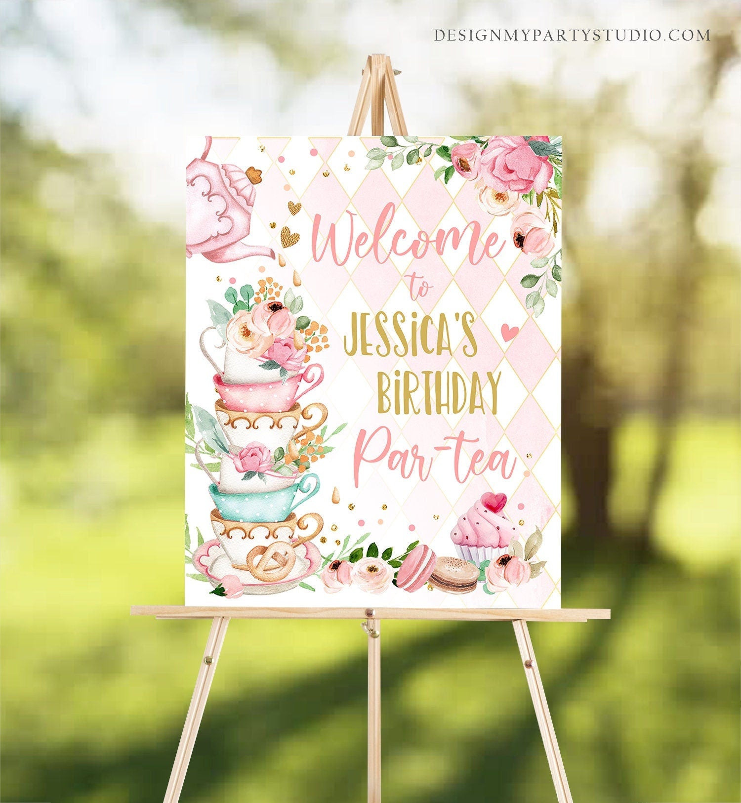 Editable Birthday Tea Party Welcome Sign Birthday Par-tea Floral Pink Gold Whimsical Girl Shower Garden Party Template PRINTABLE Corjl 0349