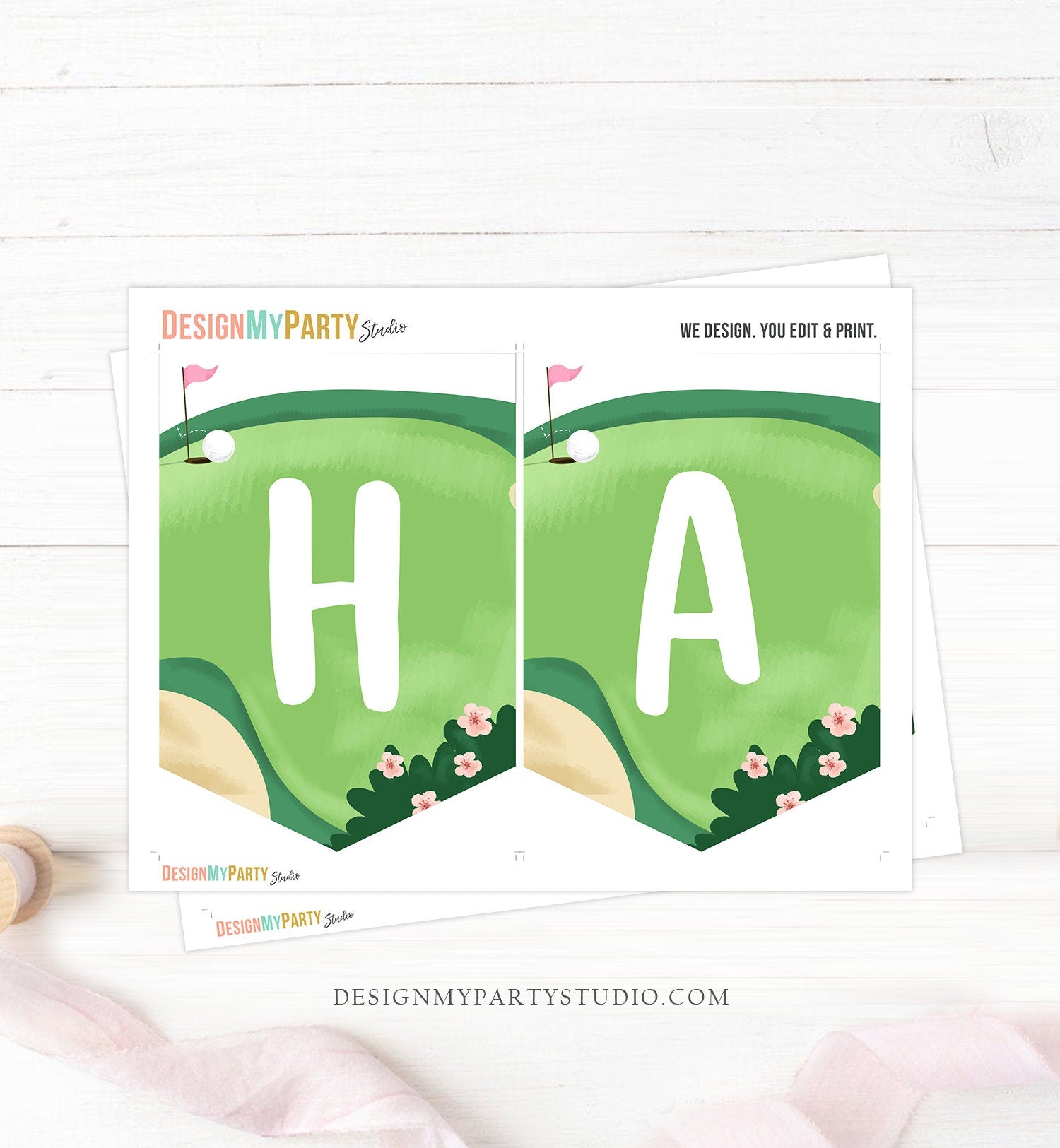 Golf Happy Birthday Banner Hole in One Banner Birthday Girl Pink Golfing Decorations Par-tee Instant download PRINTABLE DIGITAL DIY 0405