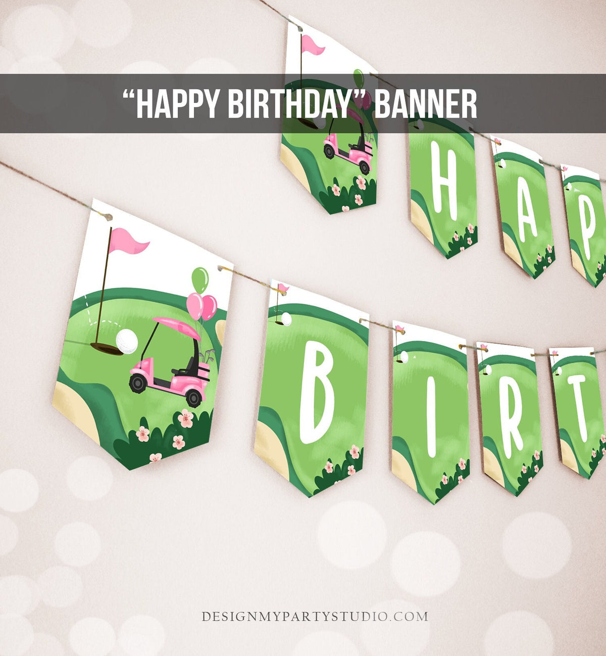 Golf Happy Birthday Banner Hole in One Banner Birthday Girl Pink Golfing Decorations Par-tee Instant download PRINTABLE DIGITAL DIY 0405