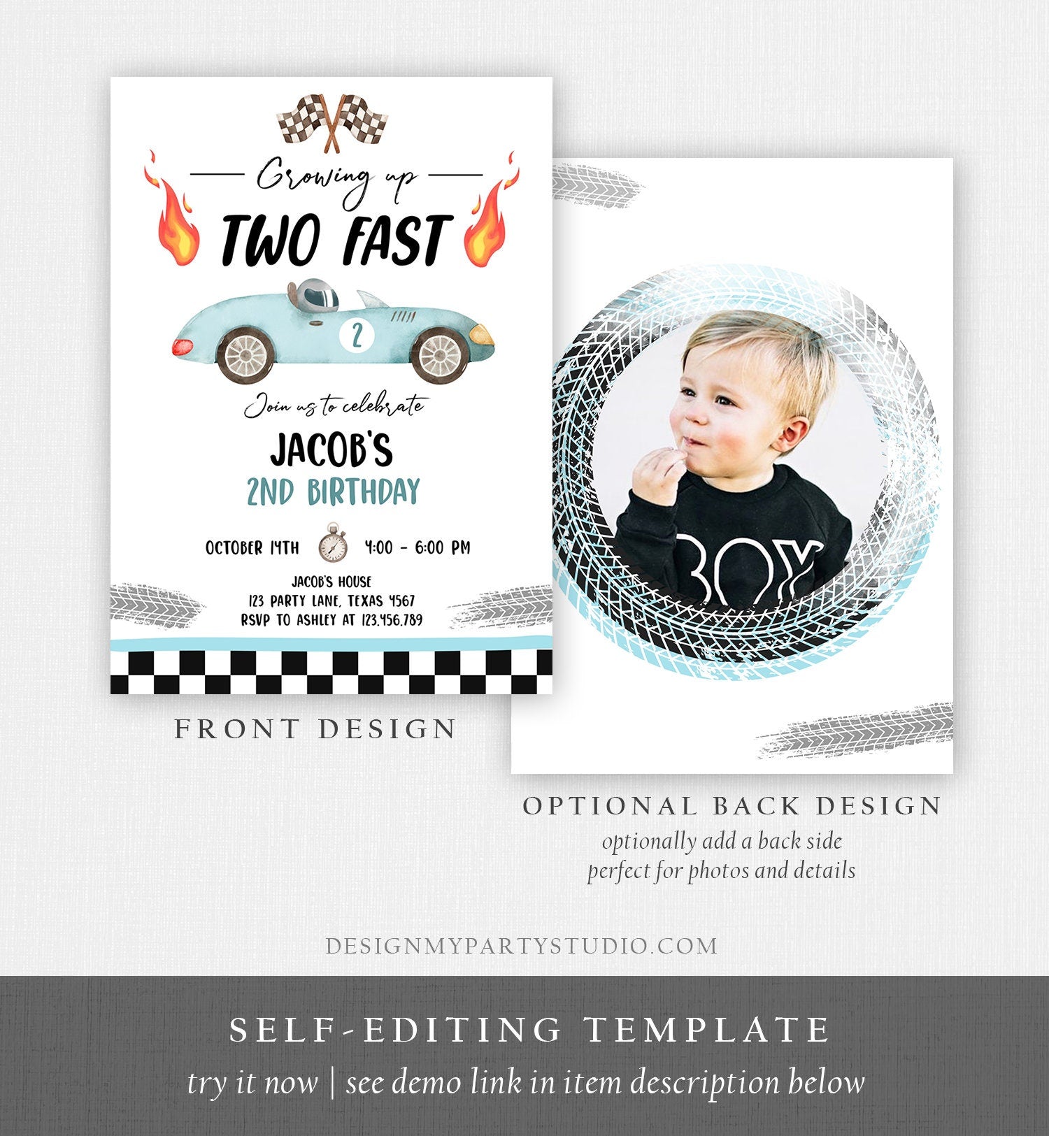 Editable Racing Car Birthday Invitation Growing Up Two Fast Invite Second Birthday 2nd Boy Download Printable Template Digital Corjl 0424