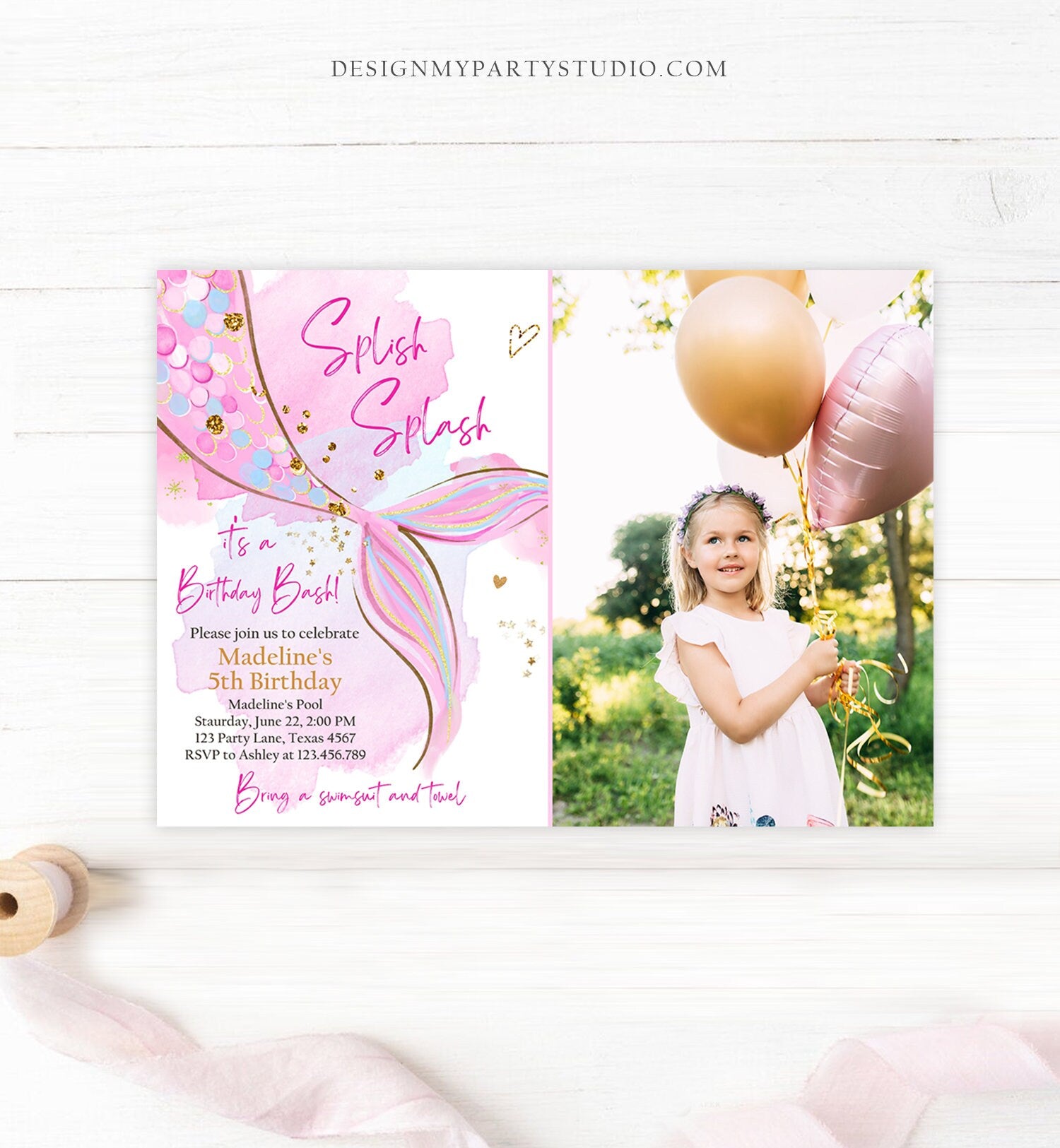 Editable Mermaid Birthday Party Invitation Girl Blush Pink Gold Mermaid Birthday Under The Sea Download Printable Template Corjl 0403