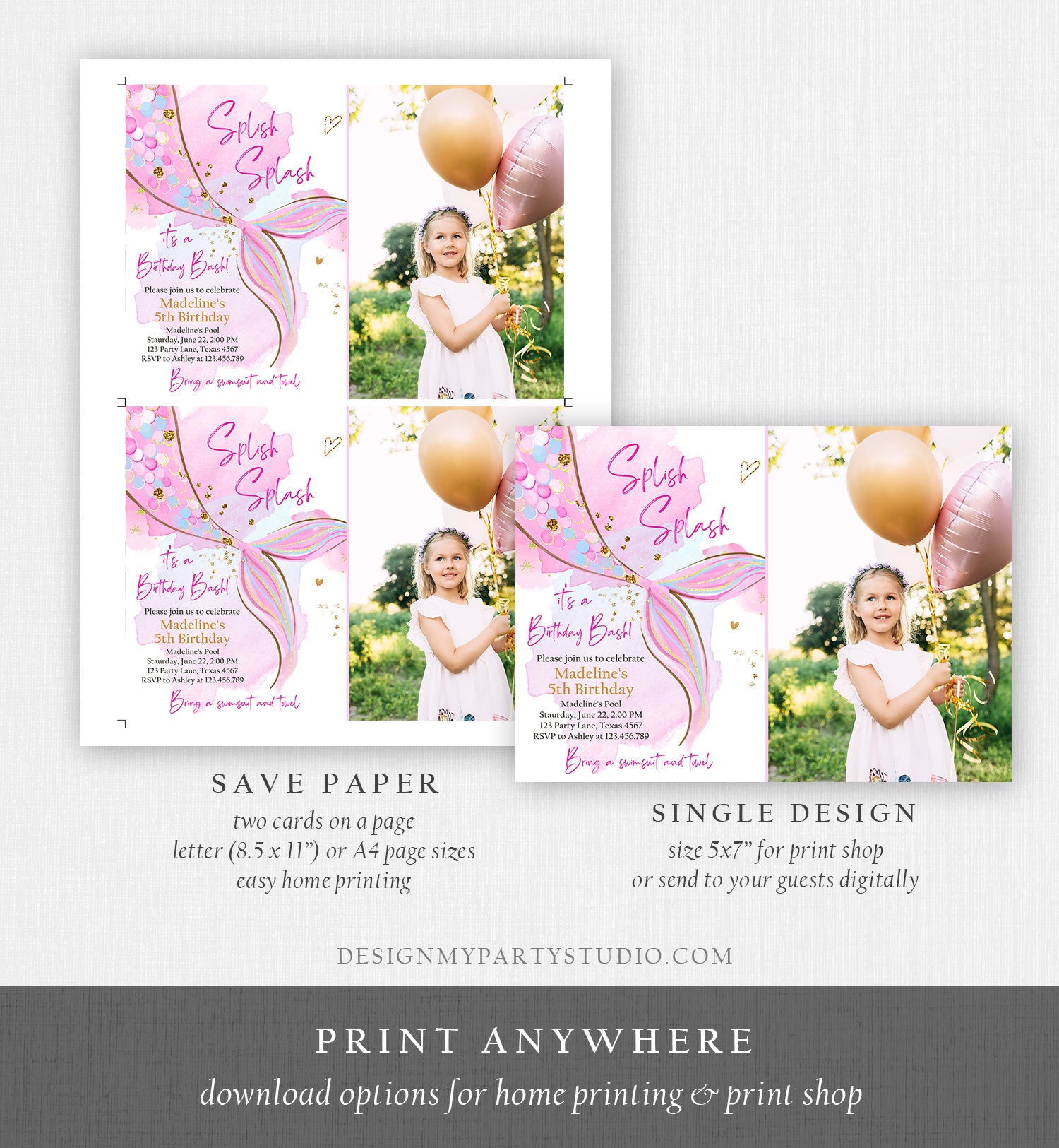 Editable Mermaid Birthday Party Invitation Girl Blush Pink Gold Mermaid Birthday Under The Sea Download Printable Template Corjl 0403