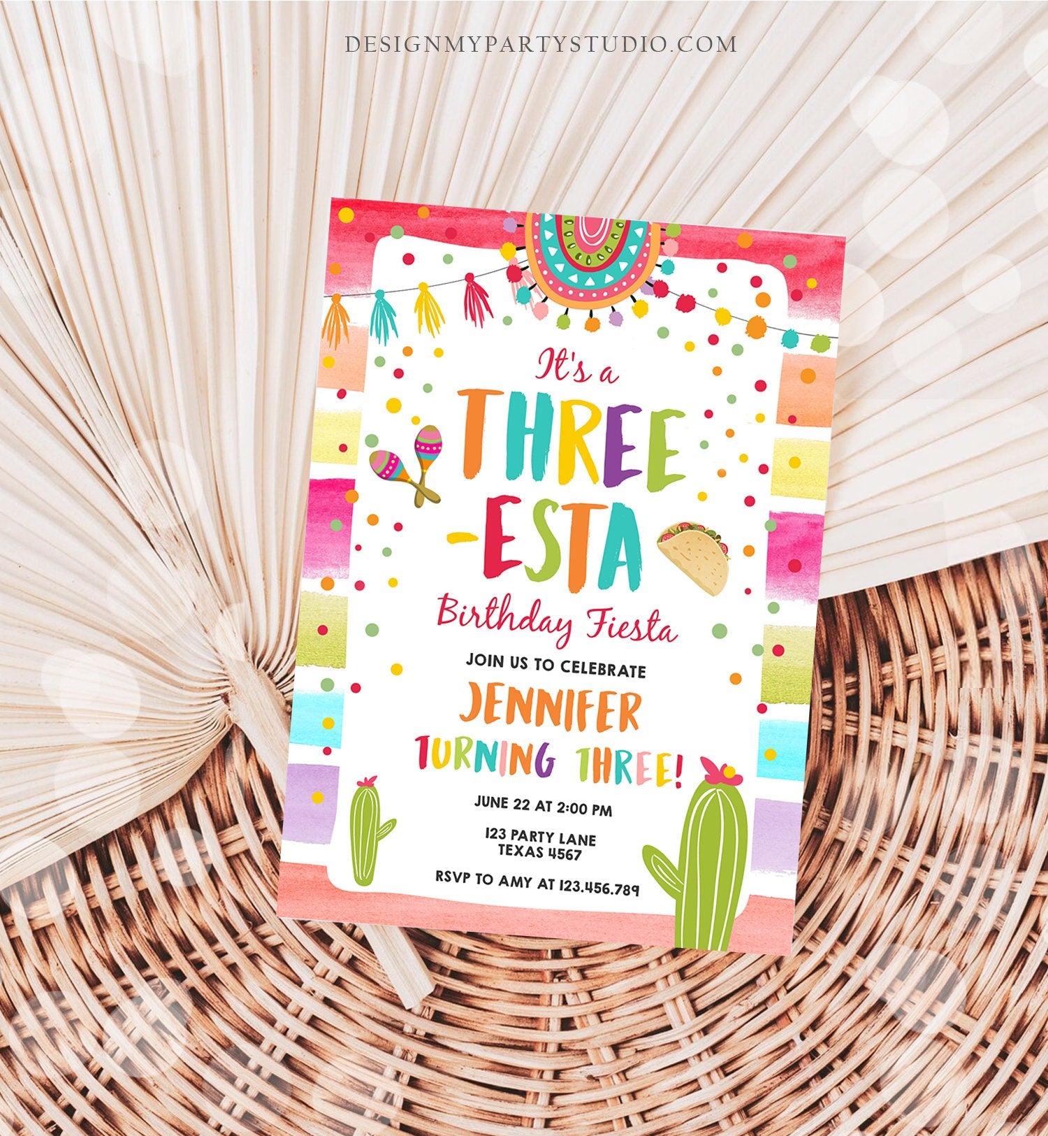 Editable Three-Esta Fiesta Birthday Invitation Third Birthday 3rd Cactus Mexican Boy Girl Cactus Download Corjl Template Printable 0134