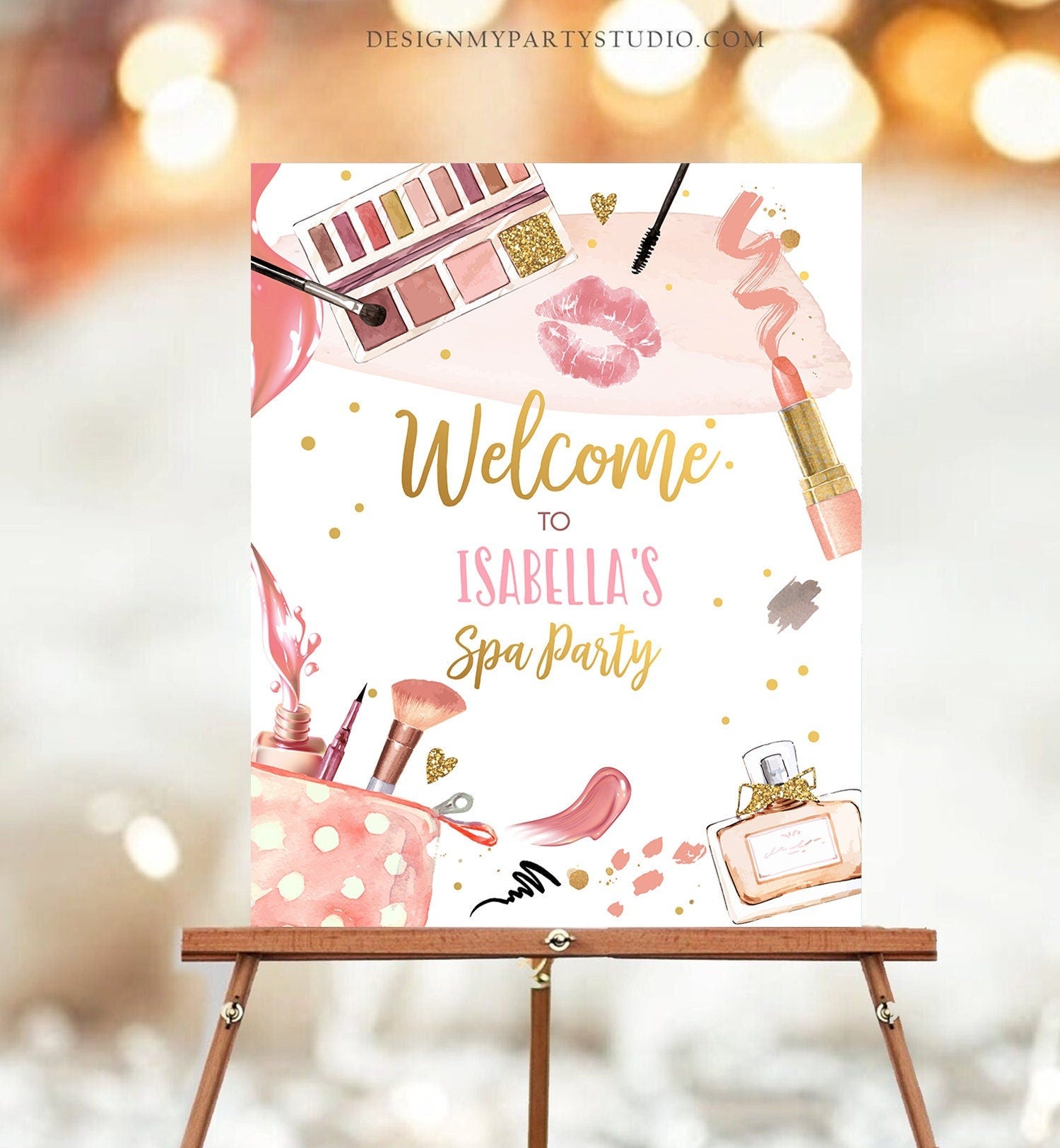 Editable Spa Party Birthday Welcome Sign Glamour Party Spa Birthday Decor Girl Pink and Gold Makeup Party Template Corjl PRINTABLE 0420