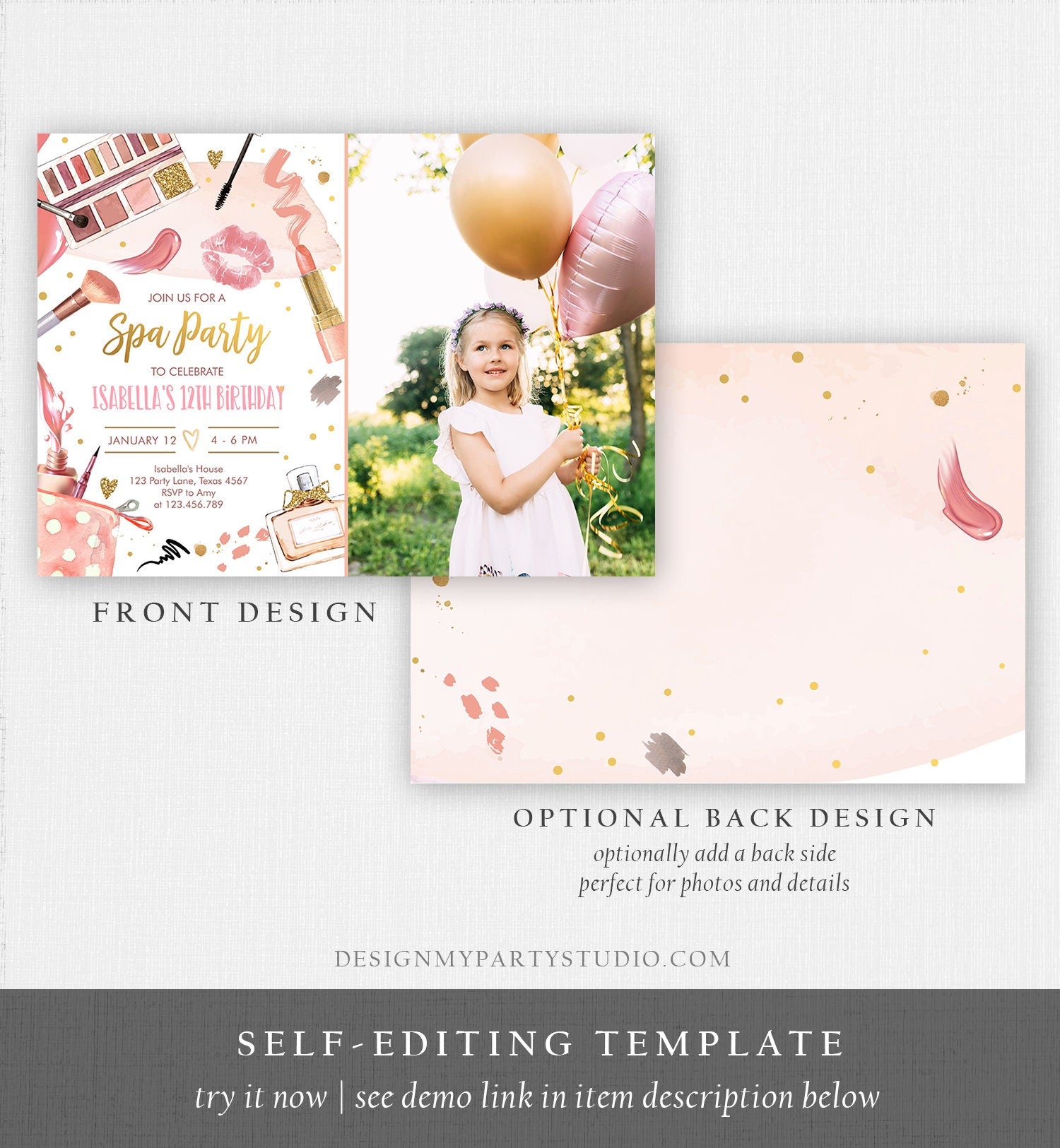 Editable Spa Makeup Birthday Invitation Glam Party Girl Birthday Tween Spa Party Invite Pink Gold Download Printable Template Corjl 0420