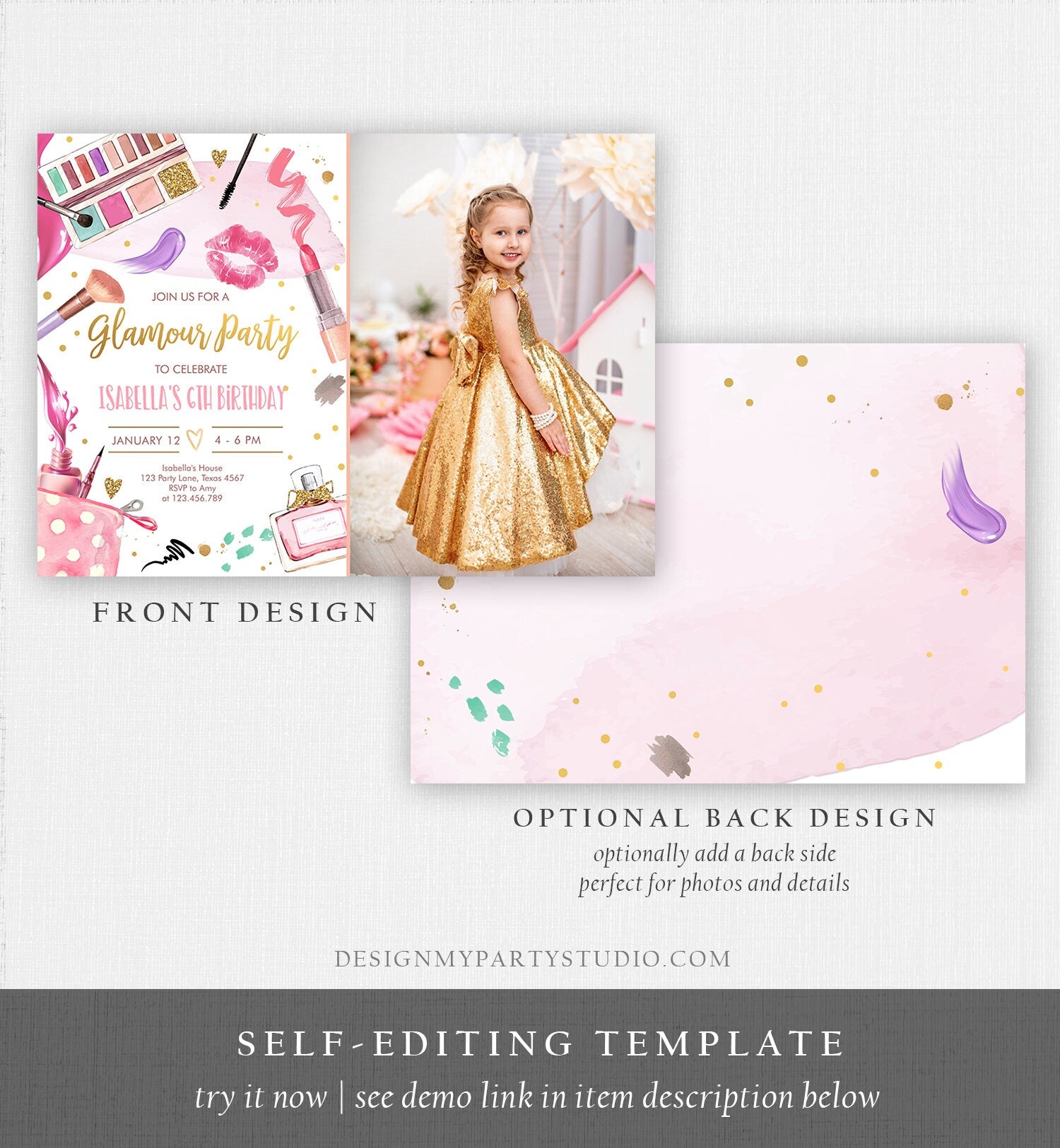 Editable Glamour Birthday Party Glitters and Glamour Spa Makeup Birthday Invitation Pink Gold Girl Download Printable Template Corjl 0420