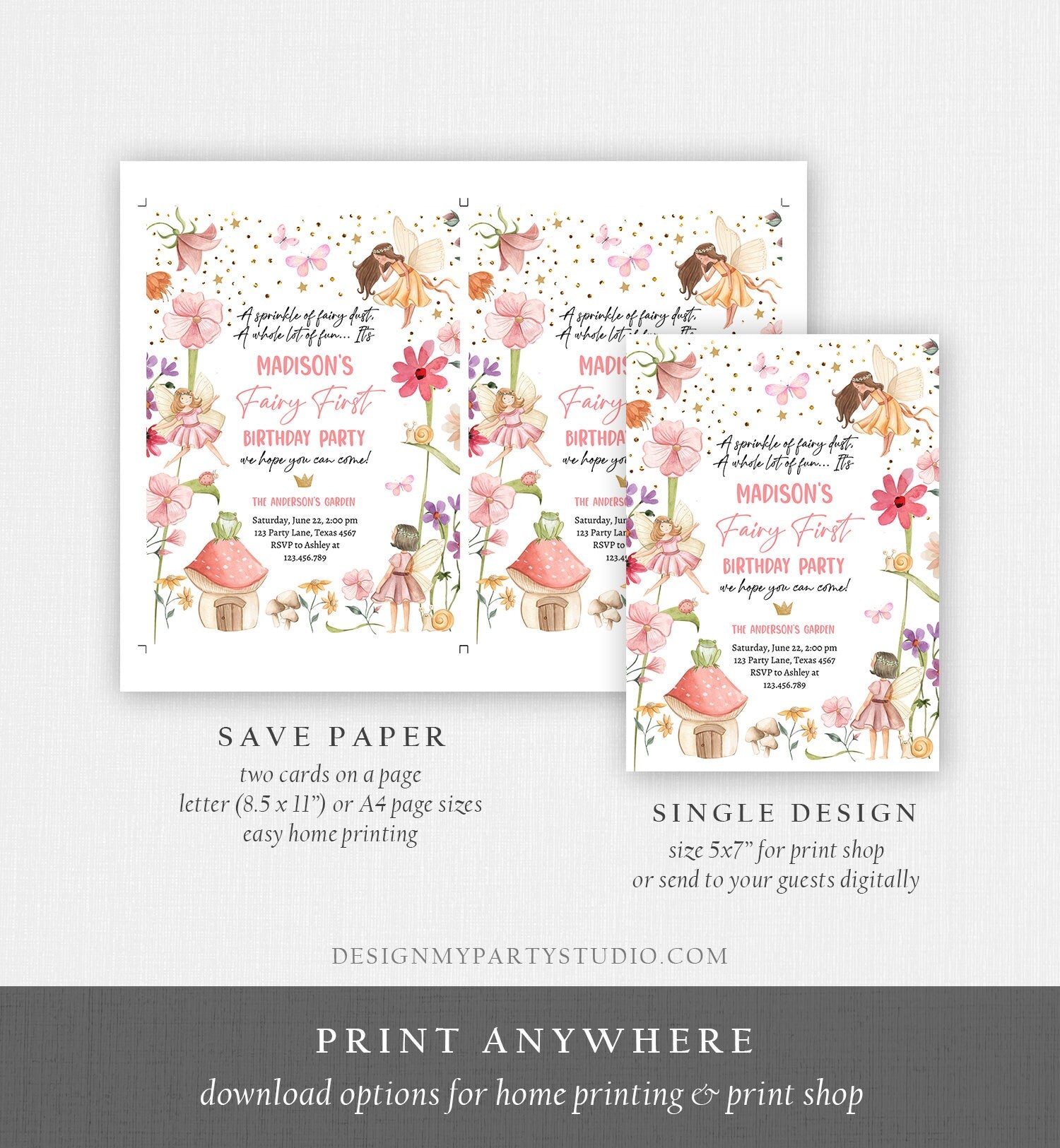 Editable Fairy First Birthday Invitation Fairy Garden Birthday Fairy Forest Girl 1st Birthday Magical Download Printable Template Corjl 0406