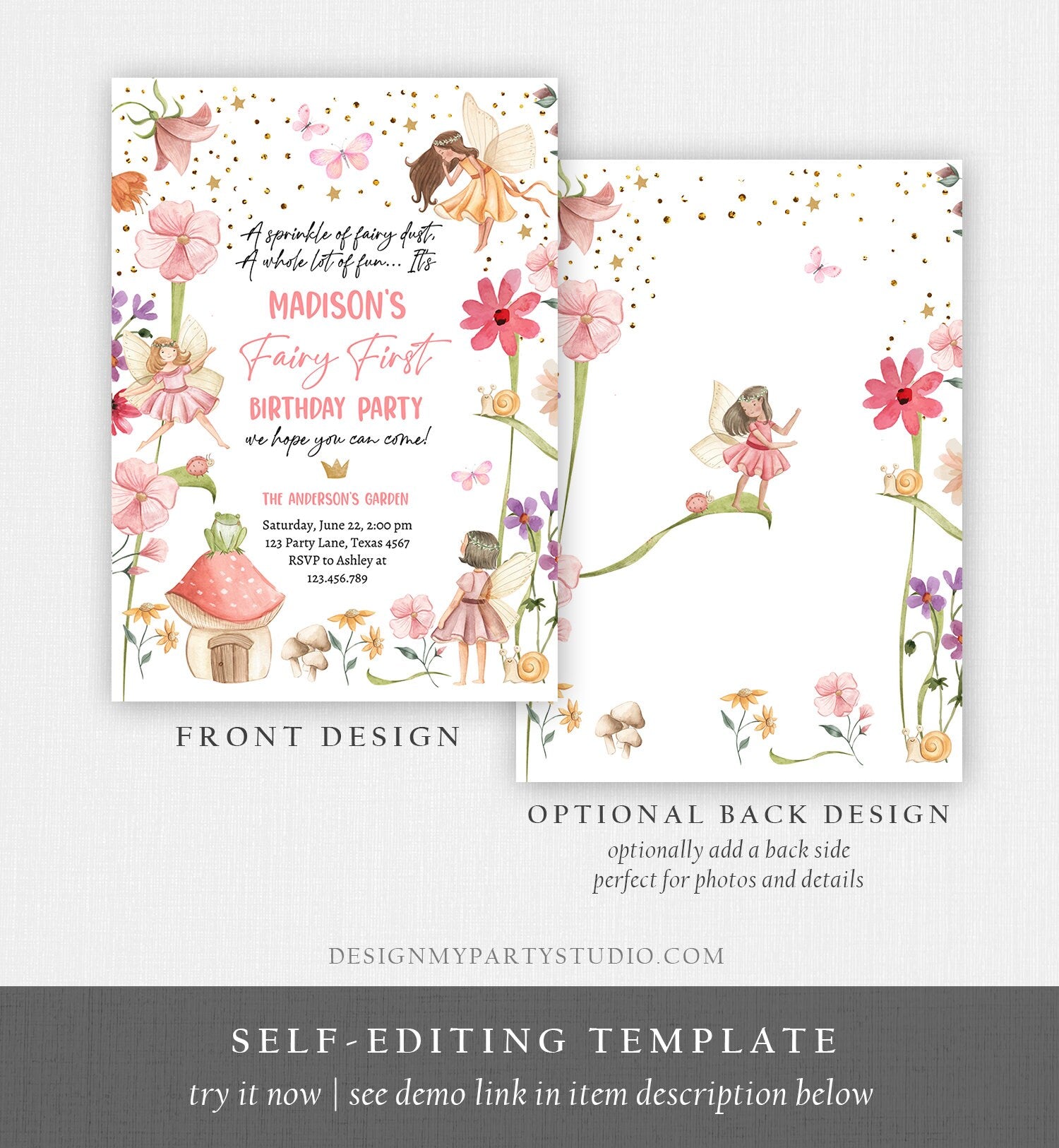 Editable Fairy First Birthday Invitation Fairy Garden Birthday Fairy Forest Girl 1st Birthday Magical Download Printable Template Corjl 0406