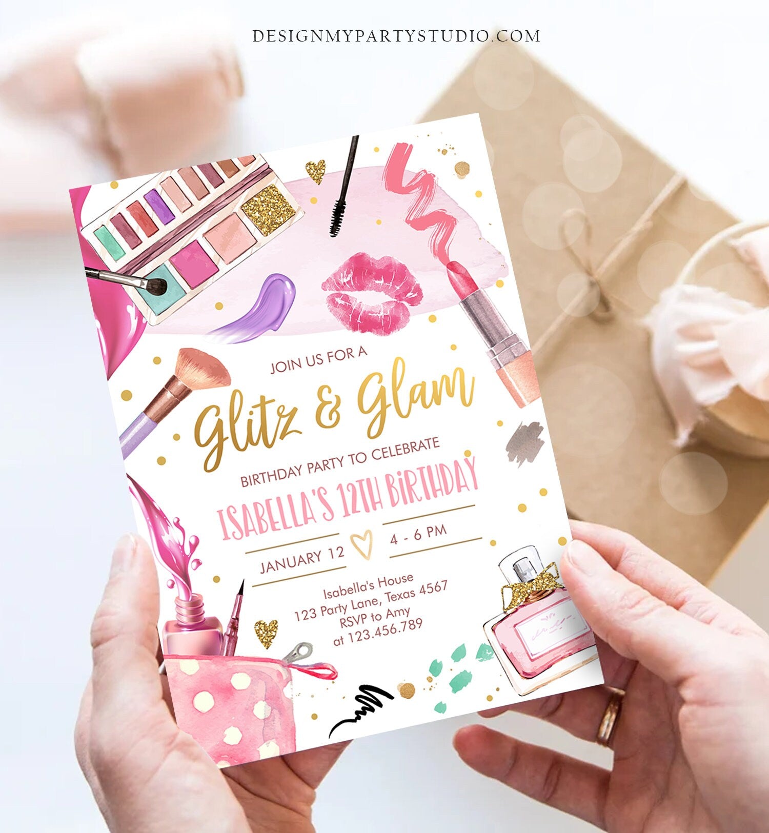 Editable Glitz and Glam Birthday Party Invitation Spa Party Makeup Birthday Invitation Pink Gold Girl Download Printable Template Corjl 0420