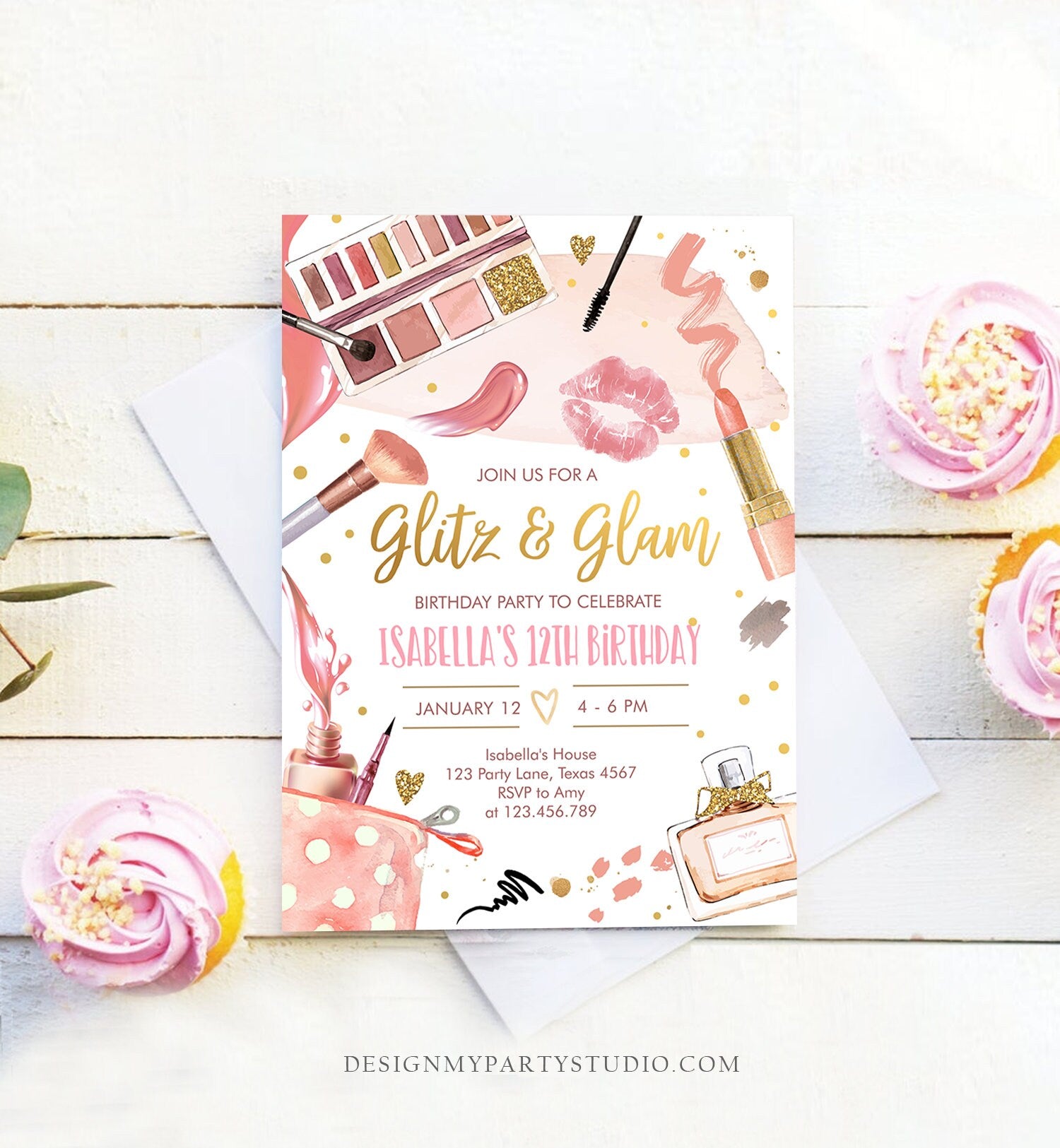 Editable Glitz and Glam Birthday Party Invitation Spa Party Makeup Birthday Invitation Pink Gold Girl Download Printable Template Corjl 0420