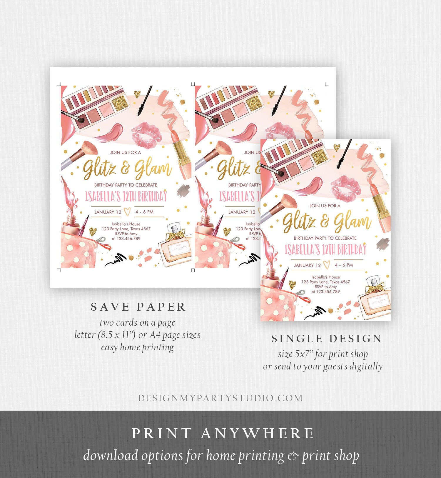 Editable Glitz and Glam Birthday Party Invitation Spa Party Makeup Birthday Invitation Pink Gold Girl Download Printable Template Corjl 0420