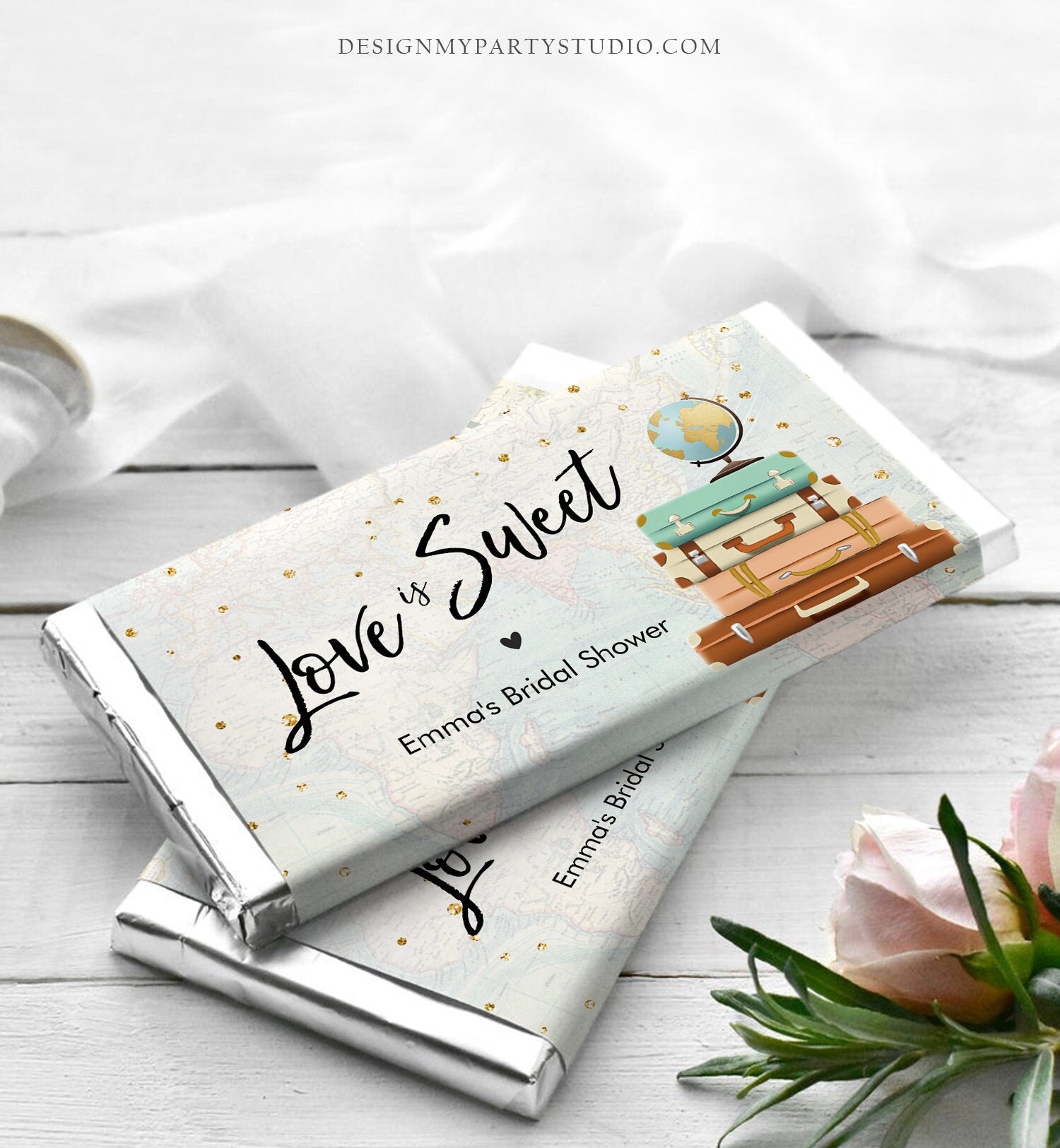 Editable Travel Bridal Shower Chocolate Bar Wrapper Love is Sweet Traveling to Mrs Adventure Map Download Corjl Template Printable 0263