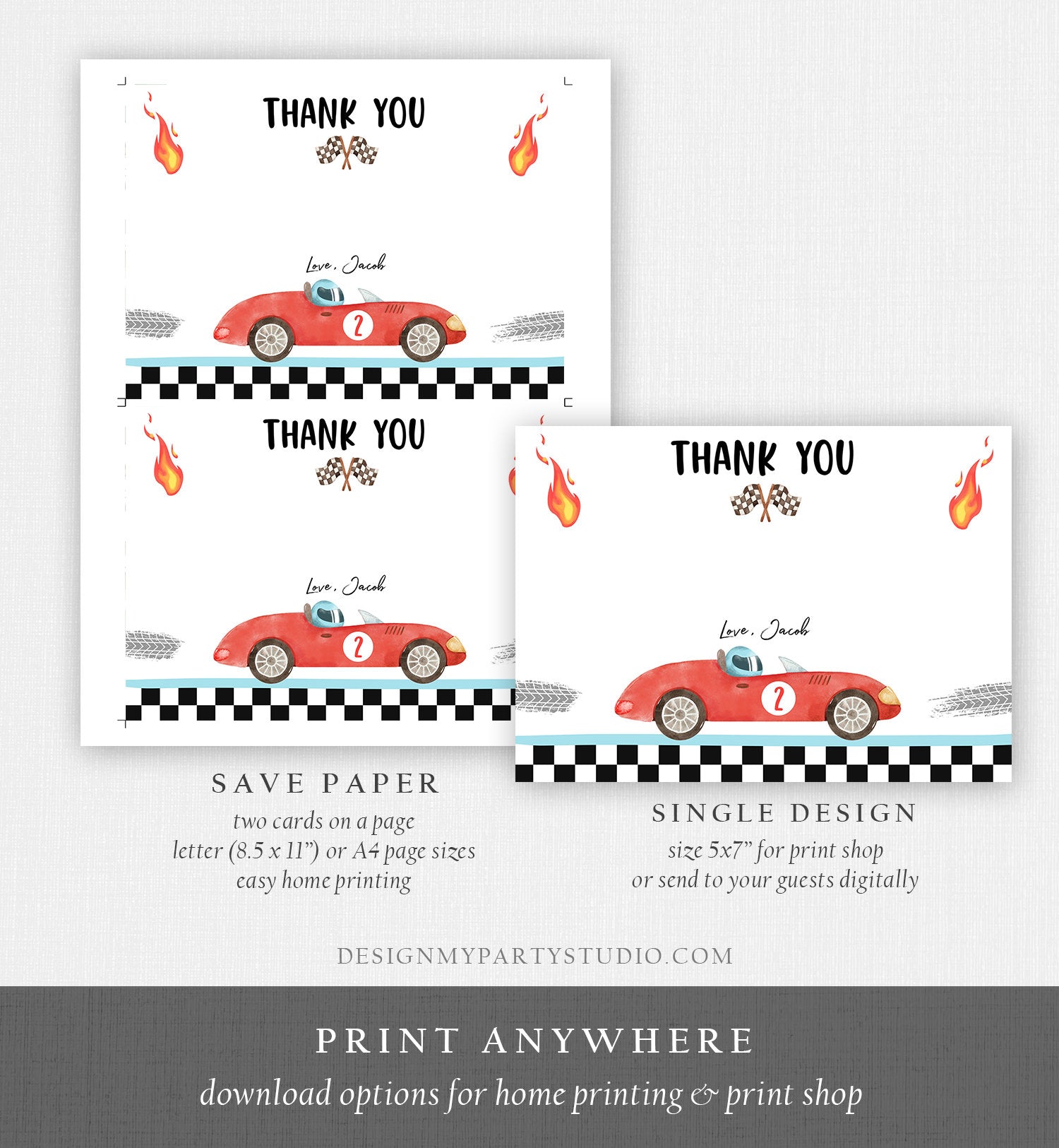 Editable Race Car Thank You Card Two Fast Birthday Boy Red Racing Car Thank You Card Birthday Fast One Template Instant Download Corjl 0424