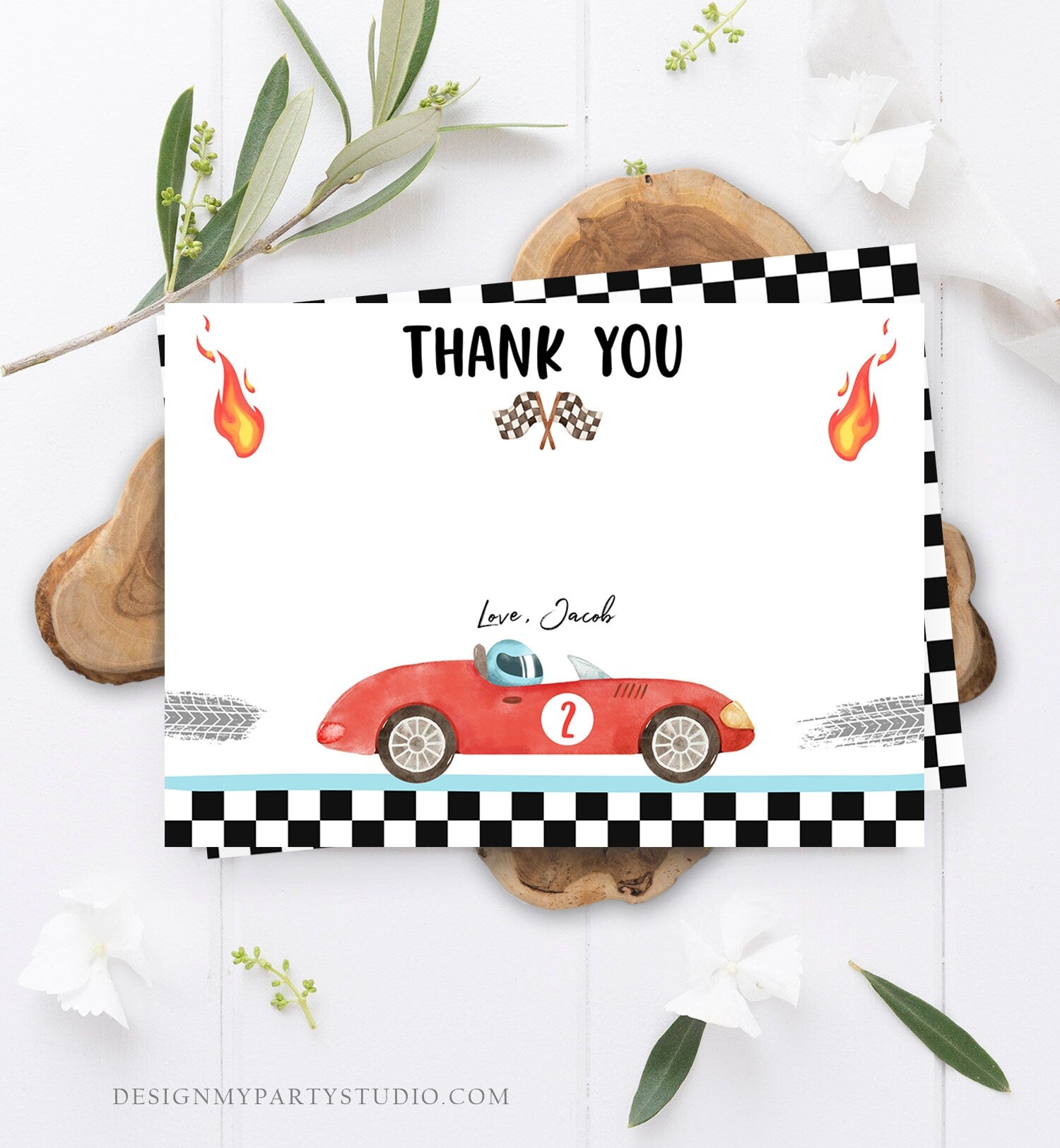 Editable Race Car Thank You Card Two Fast Birthday Boy Red Racing Car Thank You Card Birthday Fast One Template Instant Download Corjl 0424