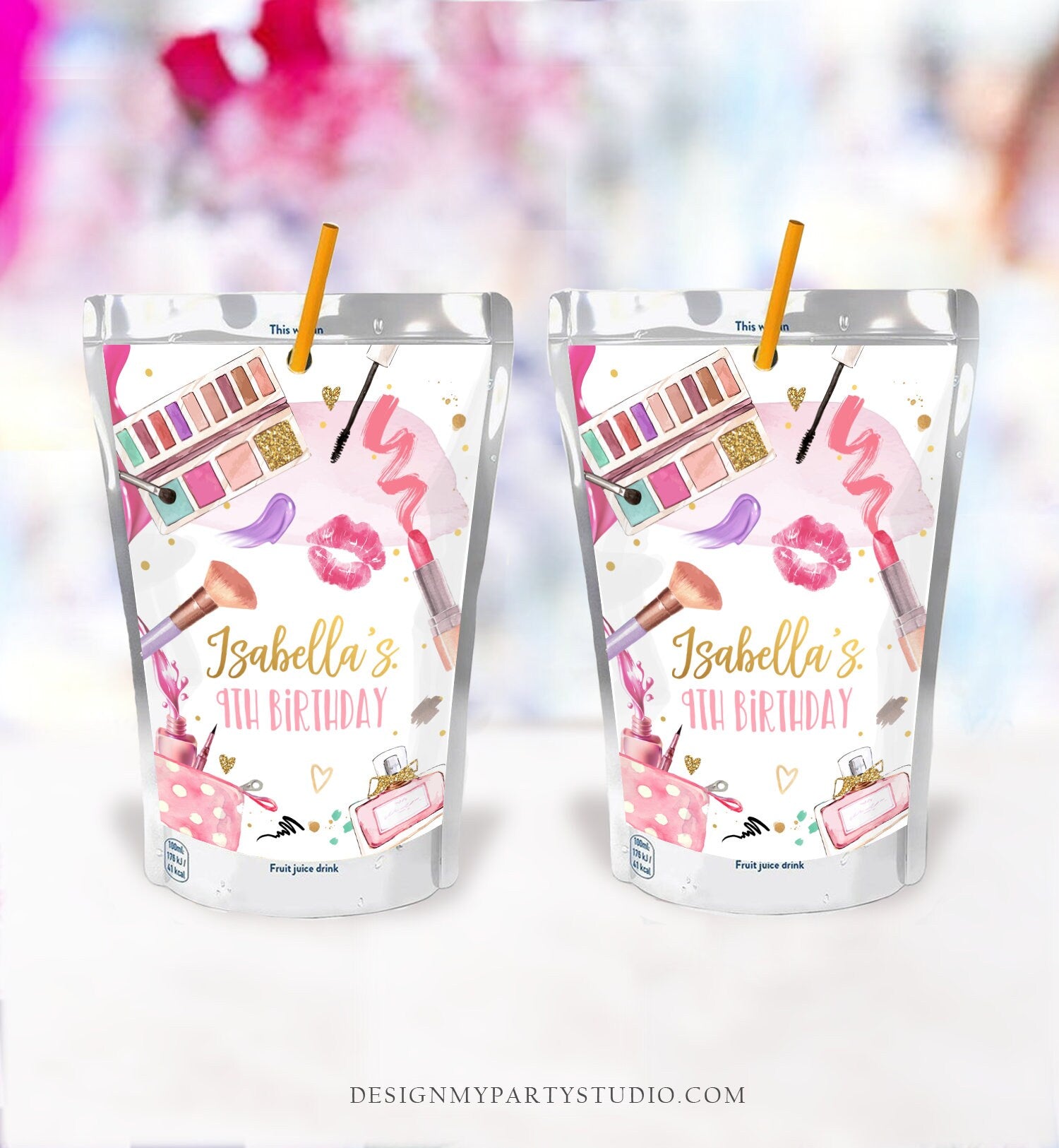 Editable Spa Party Juice Pouch Label Juice Favors Glam Party Glamour Birthday Pamper Party Pink Digital Download Template Printable 0420