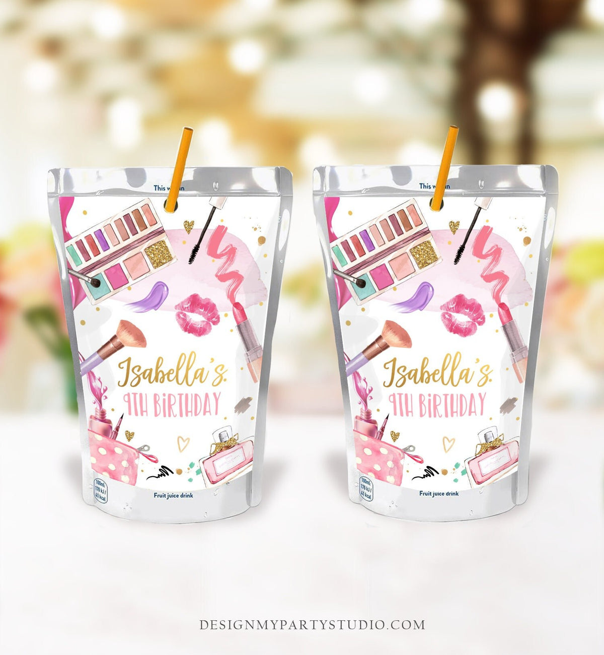 Editable Spa Party Juice Pouch Label Juice Favors Glam Party Glamour Birthday Pamper Party Pink Digital Download Template Printable 0420