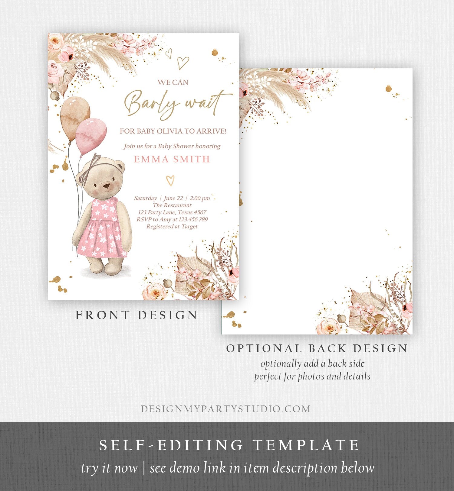 Editable Boho Bear Baby Shower Invitation Girl We can Bearly Wait Pampas Grass Teddy Bear Printable Template Instant Download Evite 0421