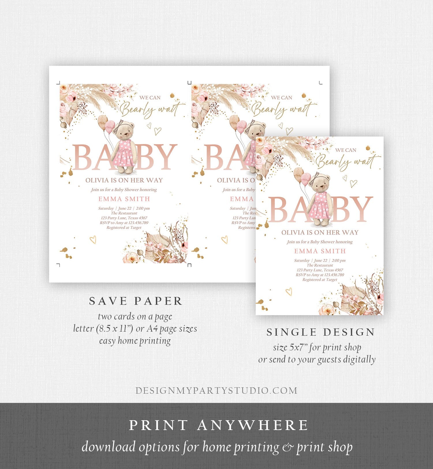 Editable Boho Bear Baby Shower Invitation Girl We can Bearly Wait Pampas Grass Teddy Bear Evite Template Digital Download Printable 0421