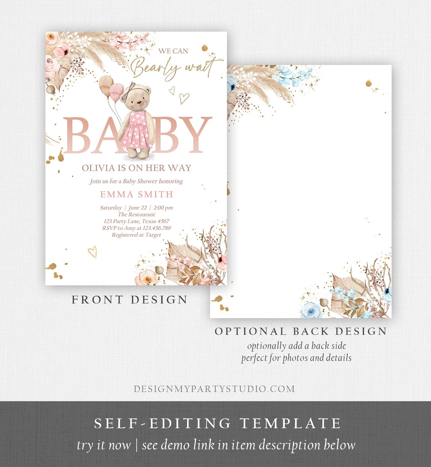 Editable Boho Bear Baby Shower Invitation Girl We can Bearly Wait Pampas Grass Teddy Bear Evite Template Digital Download Printable 0421