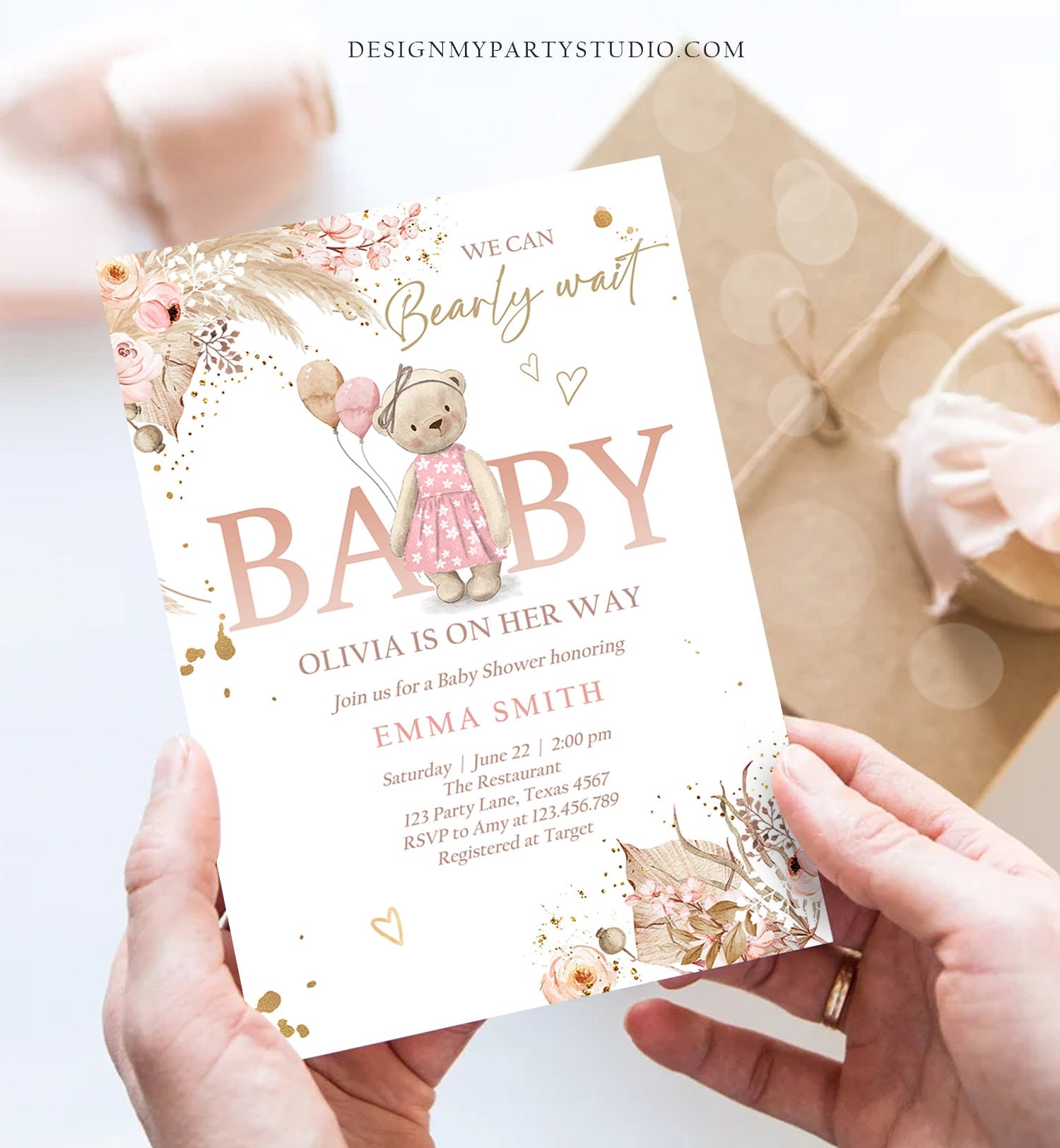 Editable Boho Bear Baby Shower Invitation Girl We can Bearly Wait Pampas Grass Teddy Bear Evite Template Digital Download Printable 0421