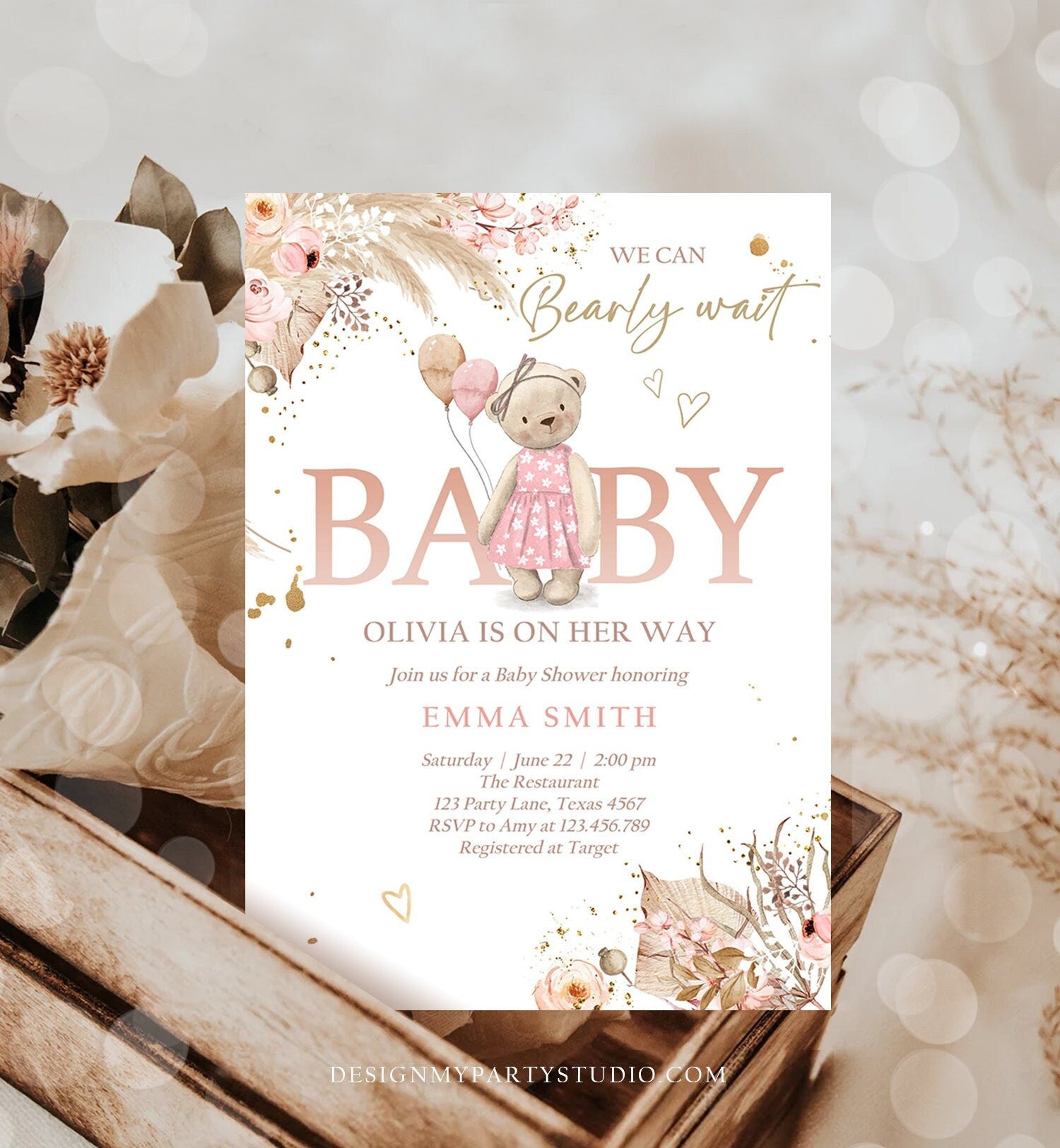 Editable Boho Bear Baby Shower Invitation Girl We can Bearly Wait Pampas Grass Teddy Bear Evite Template Digital Download Printable 0421