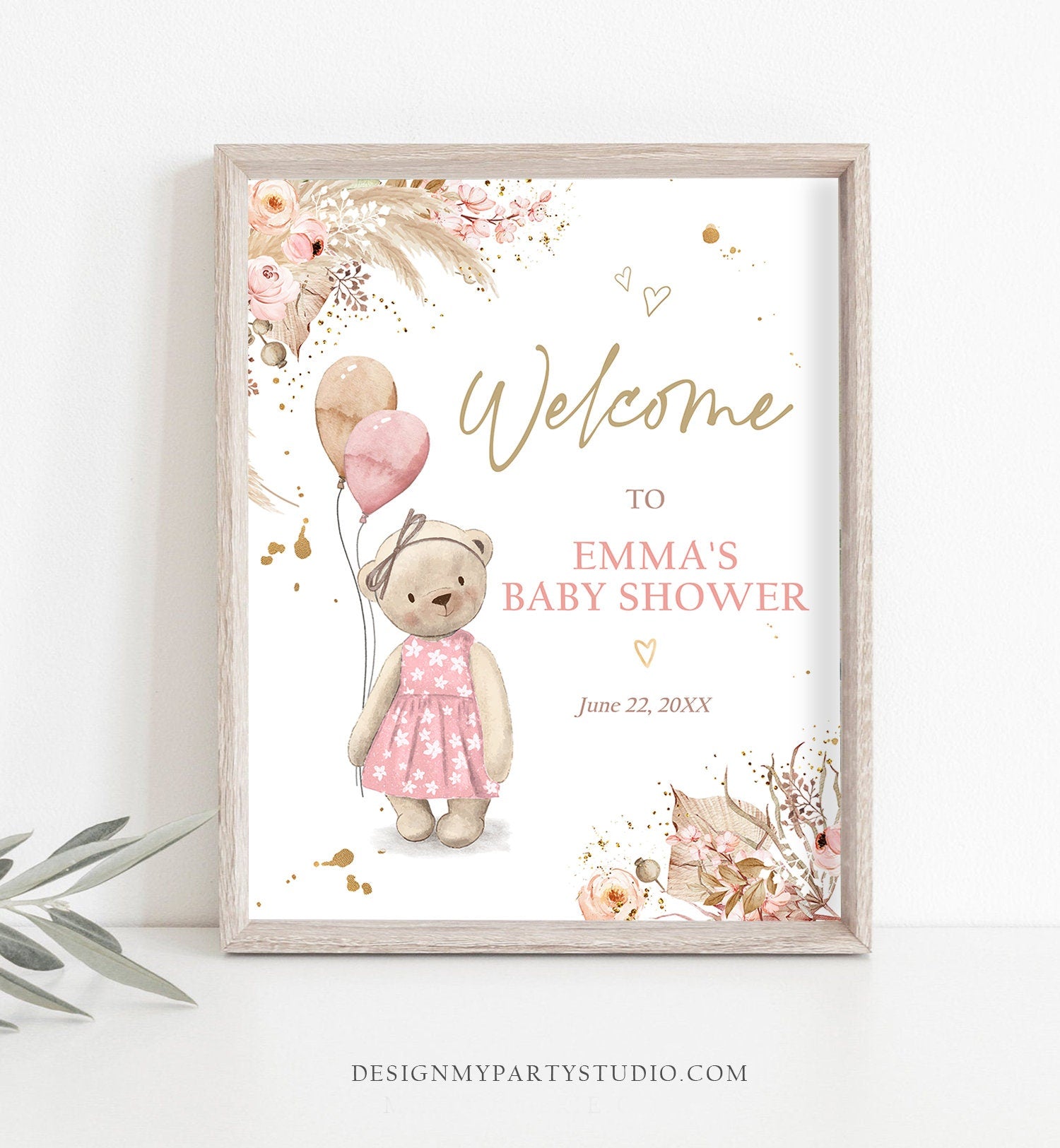 Editable Boho Teddy Bear Welcome Sign Bear Baby Shower Girl Bearly Wait Baby Shower Pampas Grass Bohemian Corjl Template Printable 0421