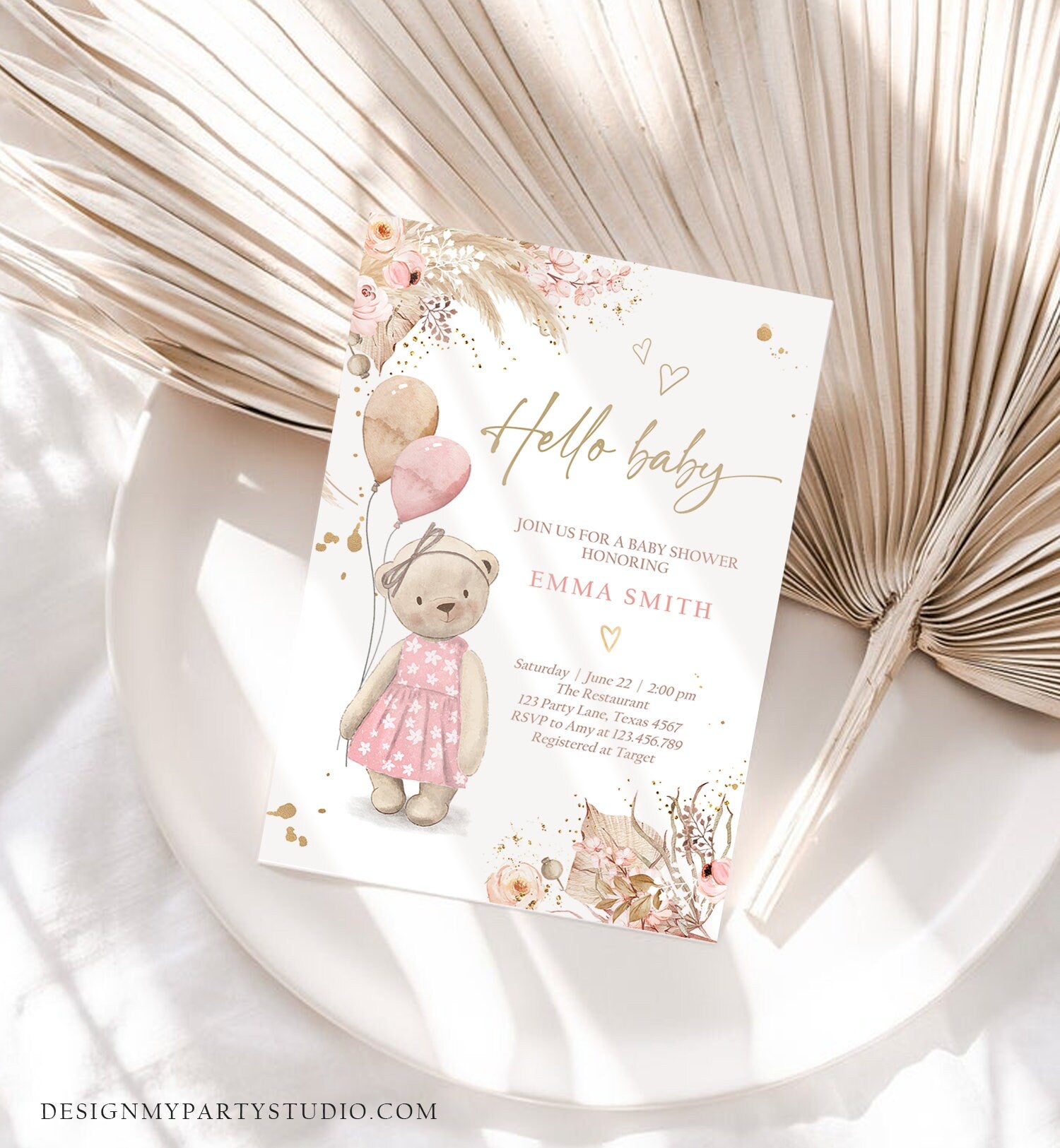 Editable Boho Teddy Bear Baby Shower Invitation We can Bearly Wait Girl Pink Bohemian Pampas Grass Cute Template Instant Download Corjl 0421