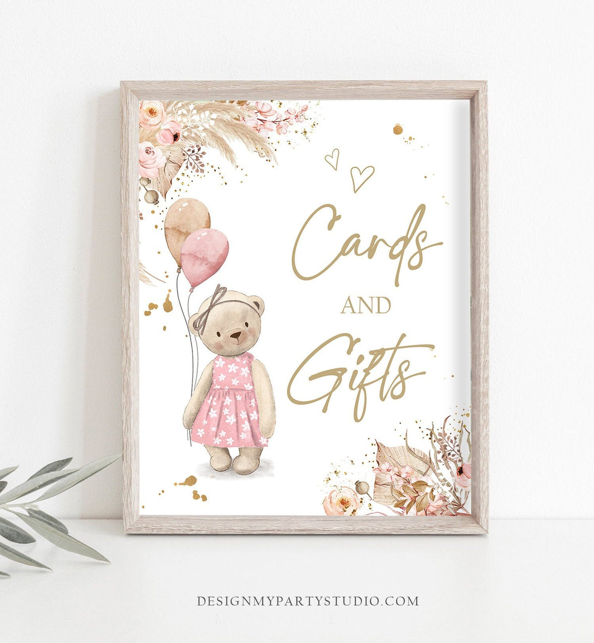 Cards and Gifts Sign Boho Teddy Bear Baby Shower Sign Boho Baby Shower Table Sign Gift Table Pampas Grass Decor Girl Pink Printable 0421