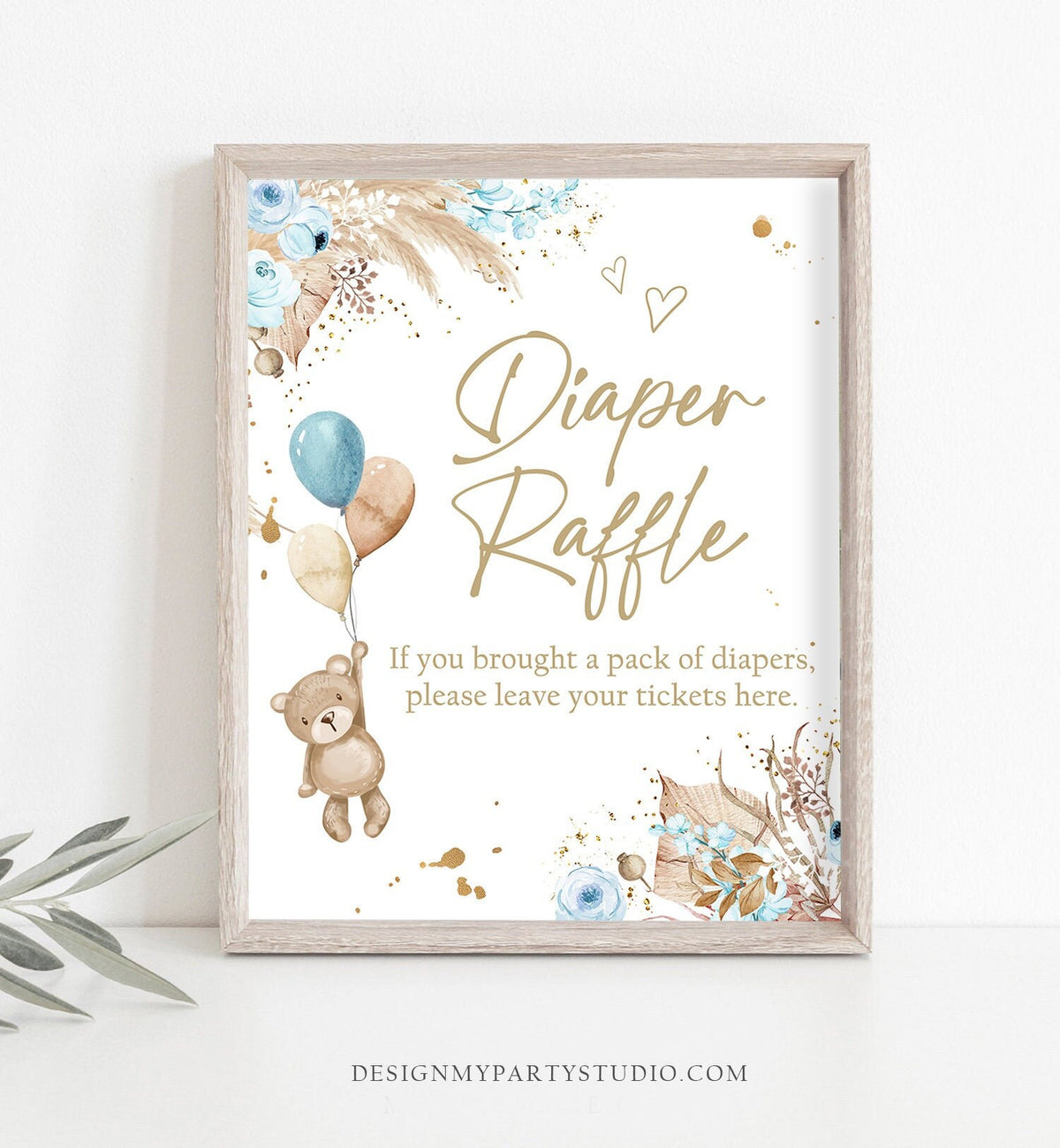 Diaper Raffle Sign Boho Teddy Bear Baby Shower Sign Boho Baby Shower Game Diaper Game Sign Pampas Grass Decor Boy Blue Printable 0421