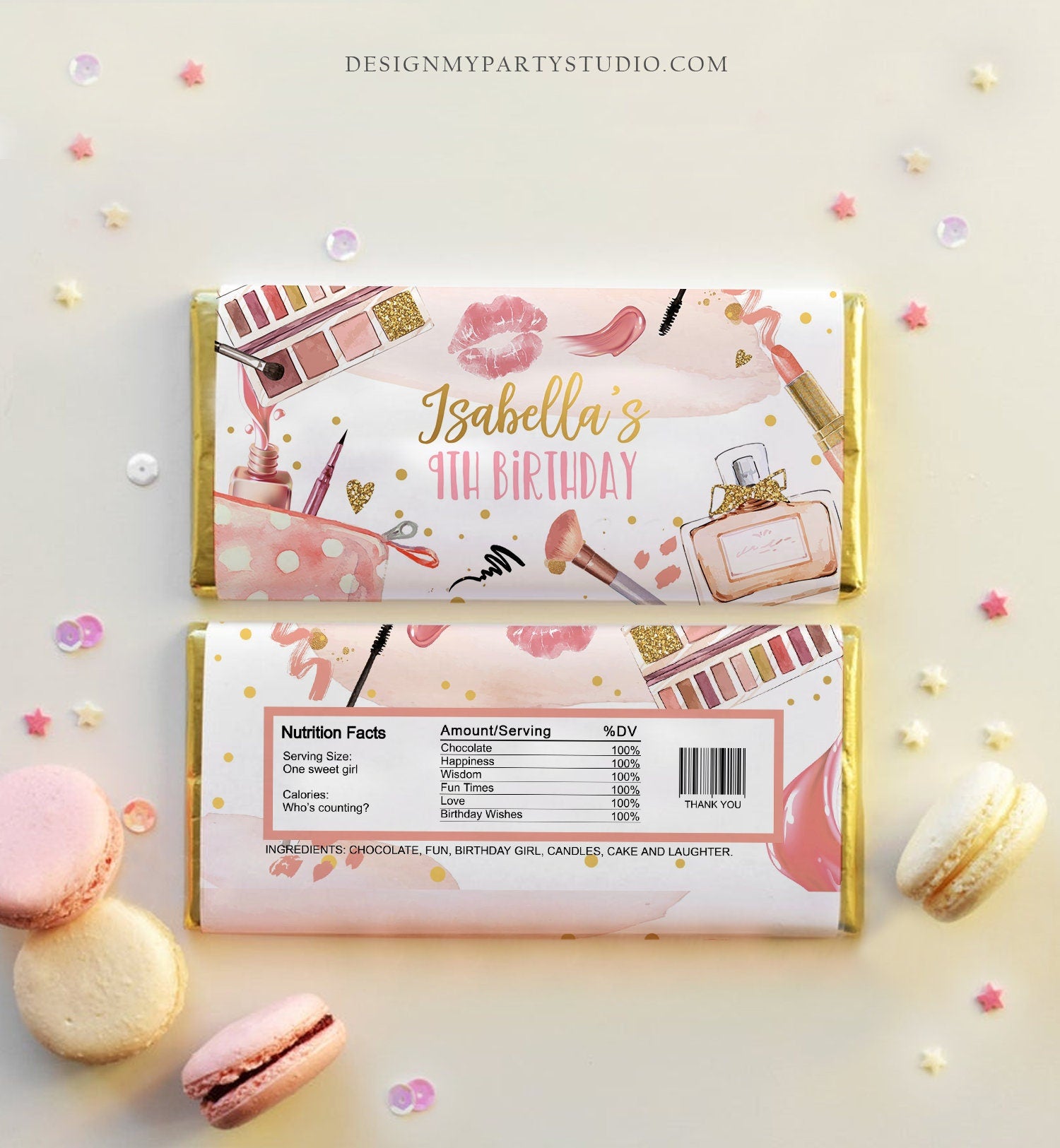 Editable Spa Party Candy Bar Wrapper Glitters and Glamour Birthday Labels Fashion Party Makeup Girl Download Corjl Template Printable 0420