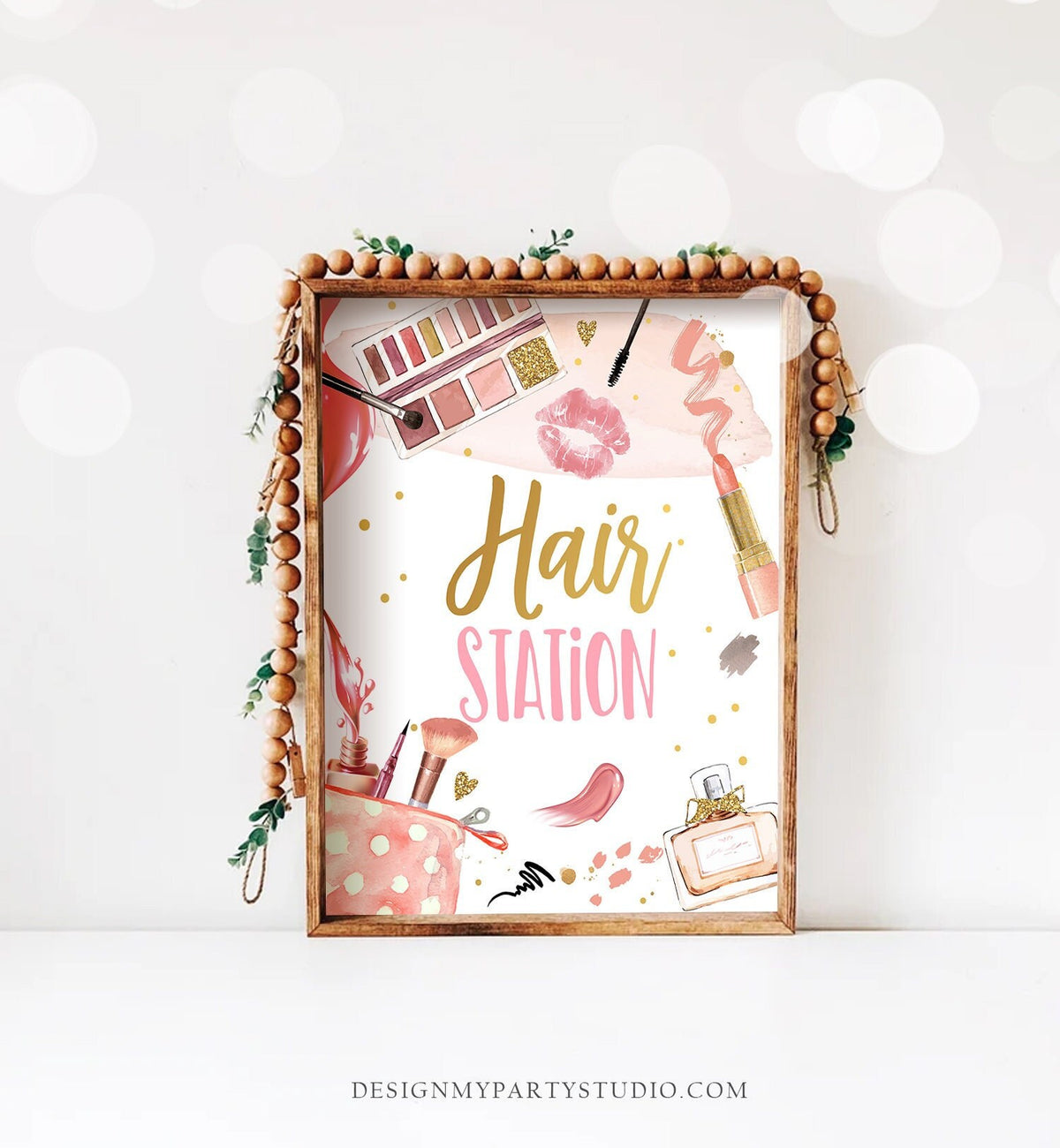 Hair Station Sign Spa Party Sign Spa Birthday Sign Makeup Party Sign Girl Glitters and Glamour Decor Table Decor Download Printable 0420