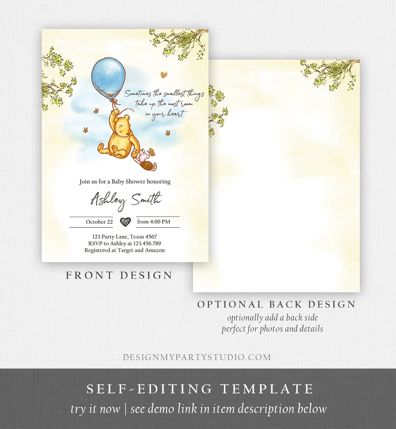 Editable Winnie The Pooh Baby Shower Invitation Boy Blue Rustic Classic Winnie The Pooh Sprinkle Digital Corjl Template Printable 0425