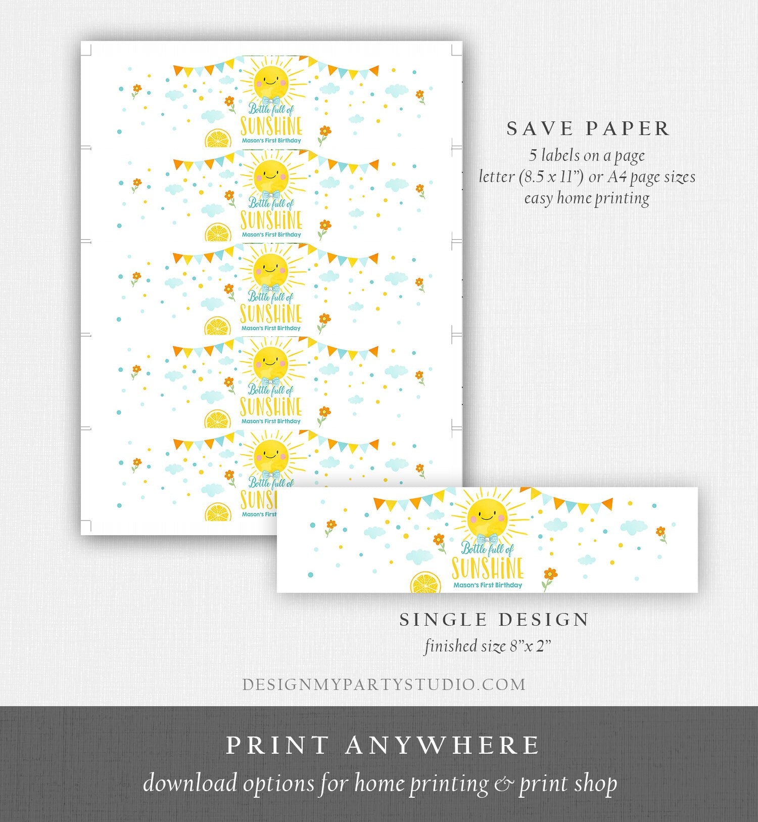 Editable Water Bottle Labels Sunshine Boy Birthday Sunshine Birthday Decor Blue Lemonade Fun Bottle Labels Template Corjl Printable 0141