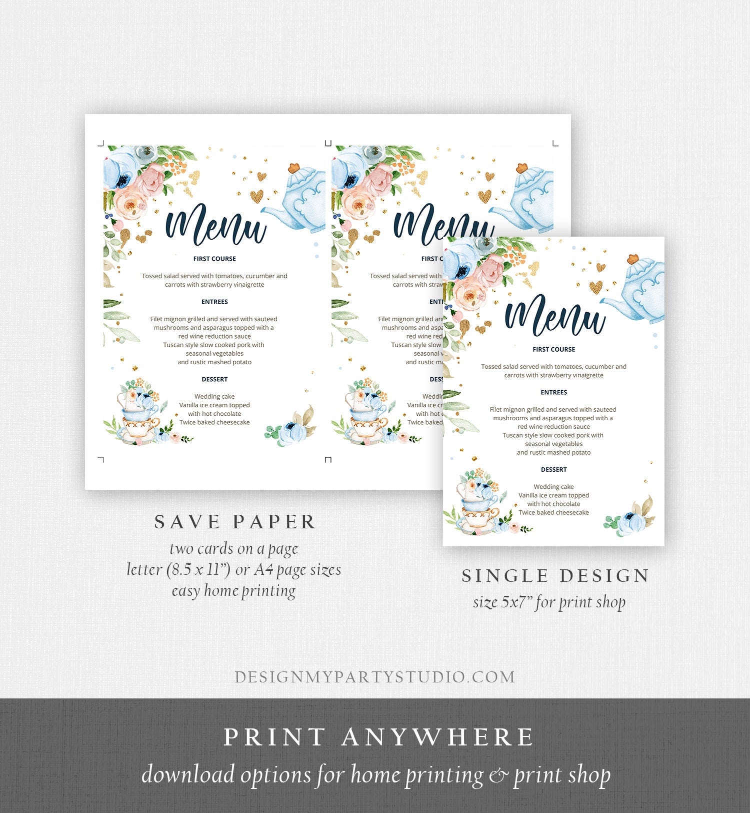 Editable Floral Tea Menu Card Tea Birthday Blue Confetti Floral Tea Baby Shower Baby is Brewing Digital Download Template Printable 0349